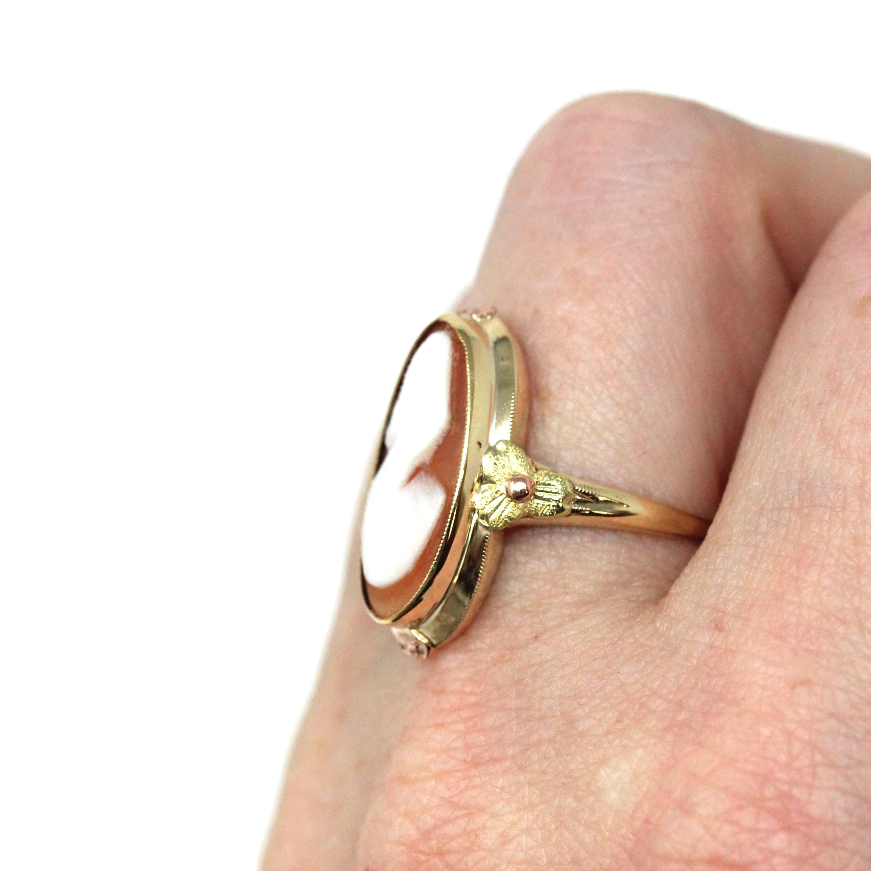 Vintage Cameo Ring - Mid Century 10k Yellow Gold Carved Oval Orange Shell Woman's Profile - Circa 1940s Era Size 6 3/4 Fine Fashion Jewelry