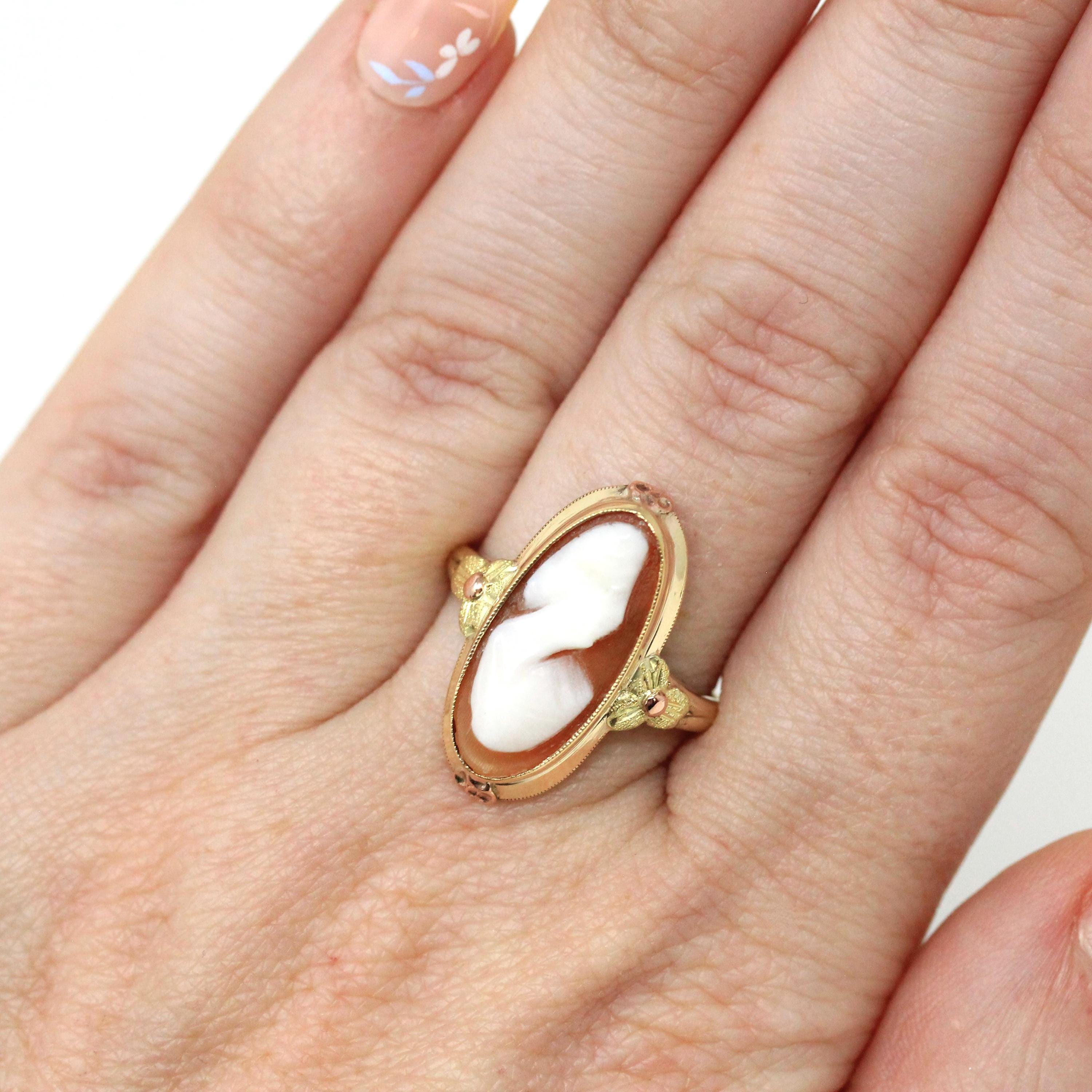 Vintage Cameo Ring - Mid Century 10k Yellow Gold Carved Oval Orange Shell Woman's Profile - Circa 1940s Era Size 6 3/4 Fine Fashion Jewelry