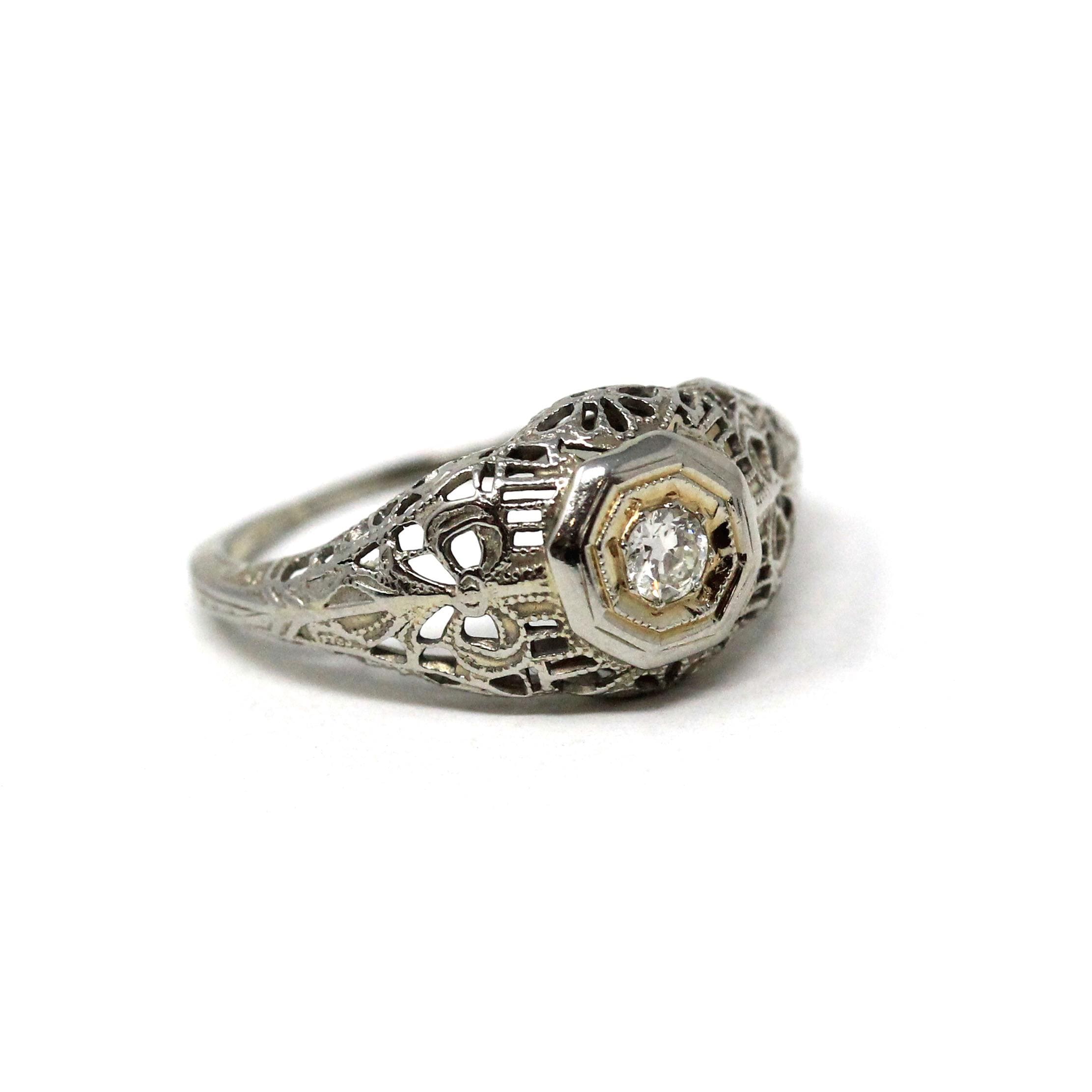 Vintage Diamond Ring - Art Deco 18k White Gold Natural Solitaire Engagement - Circa 1930s Era Size 5 3/4 Bow Flower Filigree Fine Jewelry