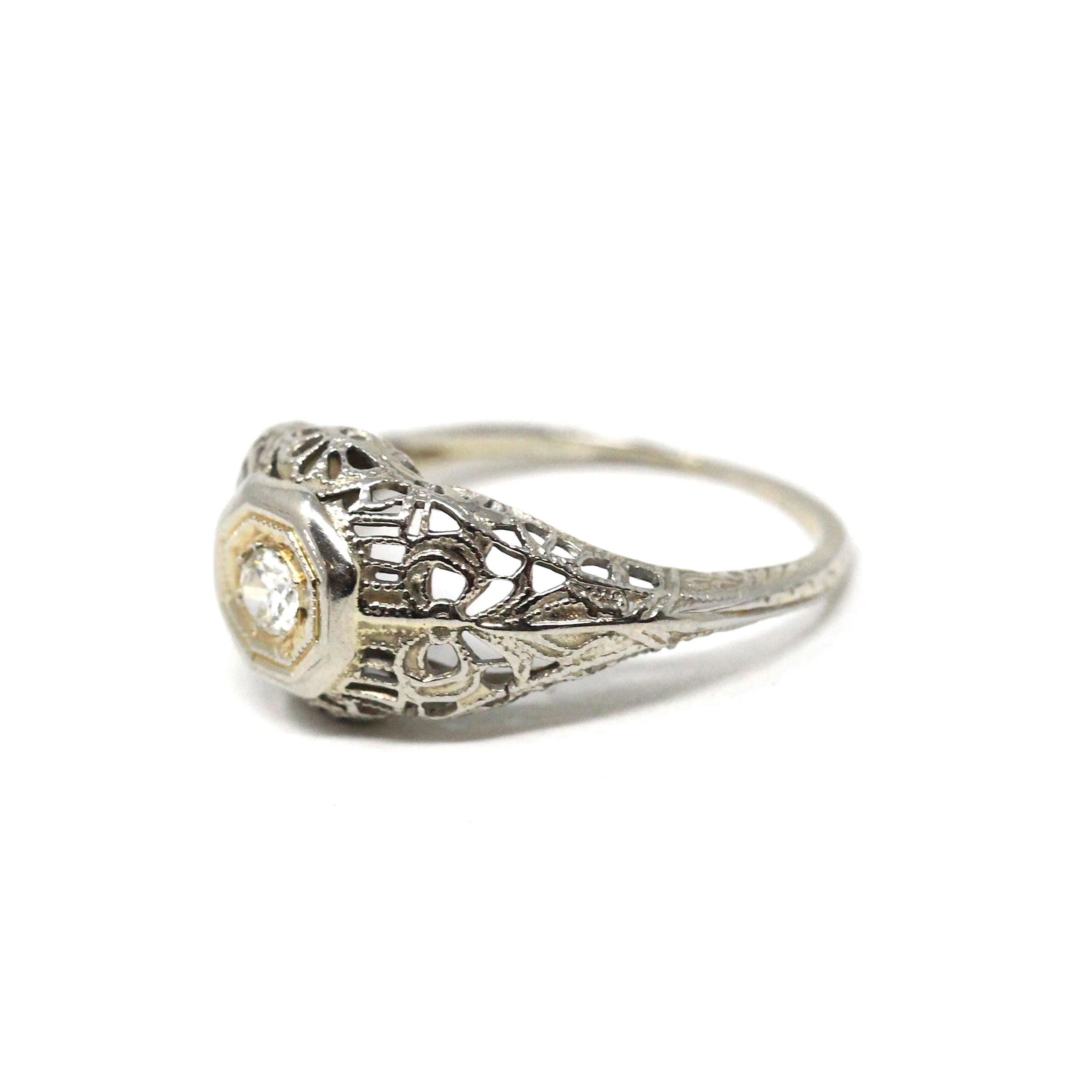 Vintage Diamond Ring - Art Deco 18k White Gold Natural Solitaire Engagement - Circa 1930s Era Size 5 3/4 Bow Flower Filigree Fine Jewelry