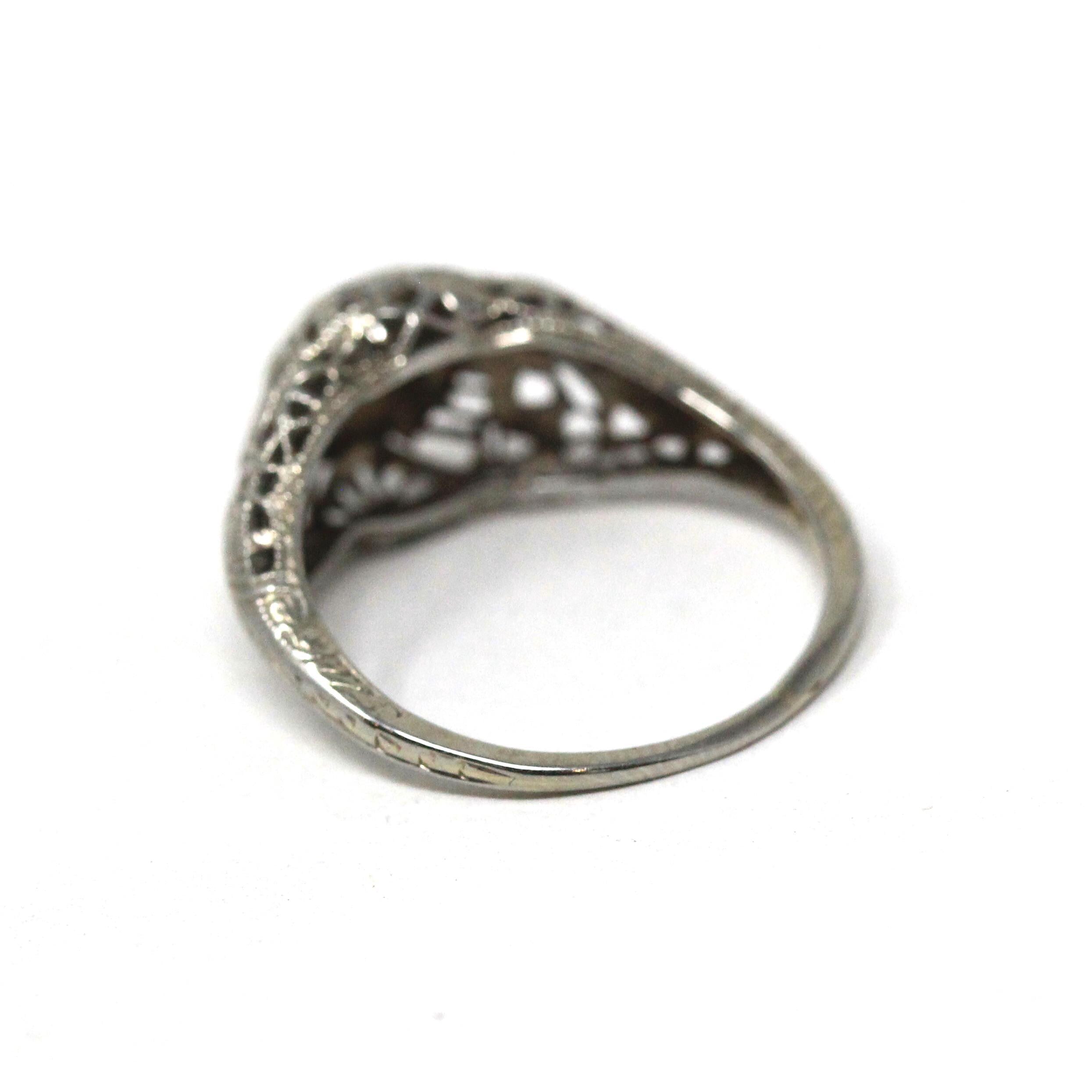 Vintage Diamond Ring - Art Deco 18k White Gold Natural Solitaire Engagement - Circa 1930s Era Size 5 3/4 Bow Flower Filigree Fine Jewelry