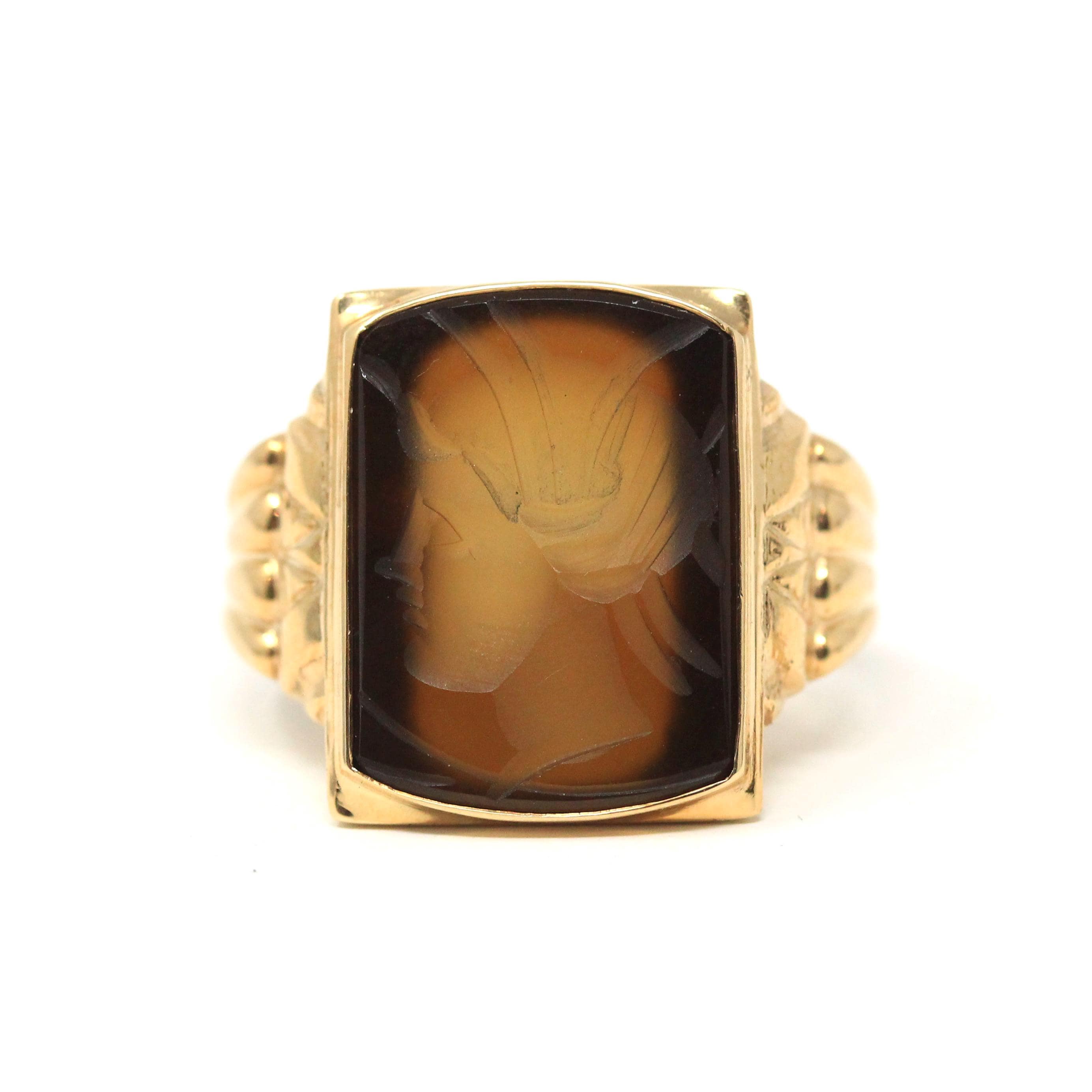 Chalcedony Intaglio Ring - Vintage 10k Yellow Gold Carved Brown Gemstone Warrior - Circa 1950s Era Size 8 3/4 Unisex Fine Statement Jewelry