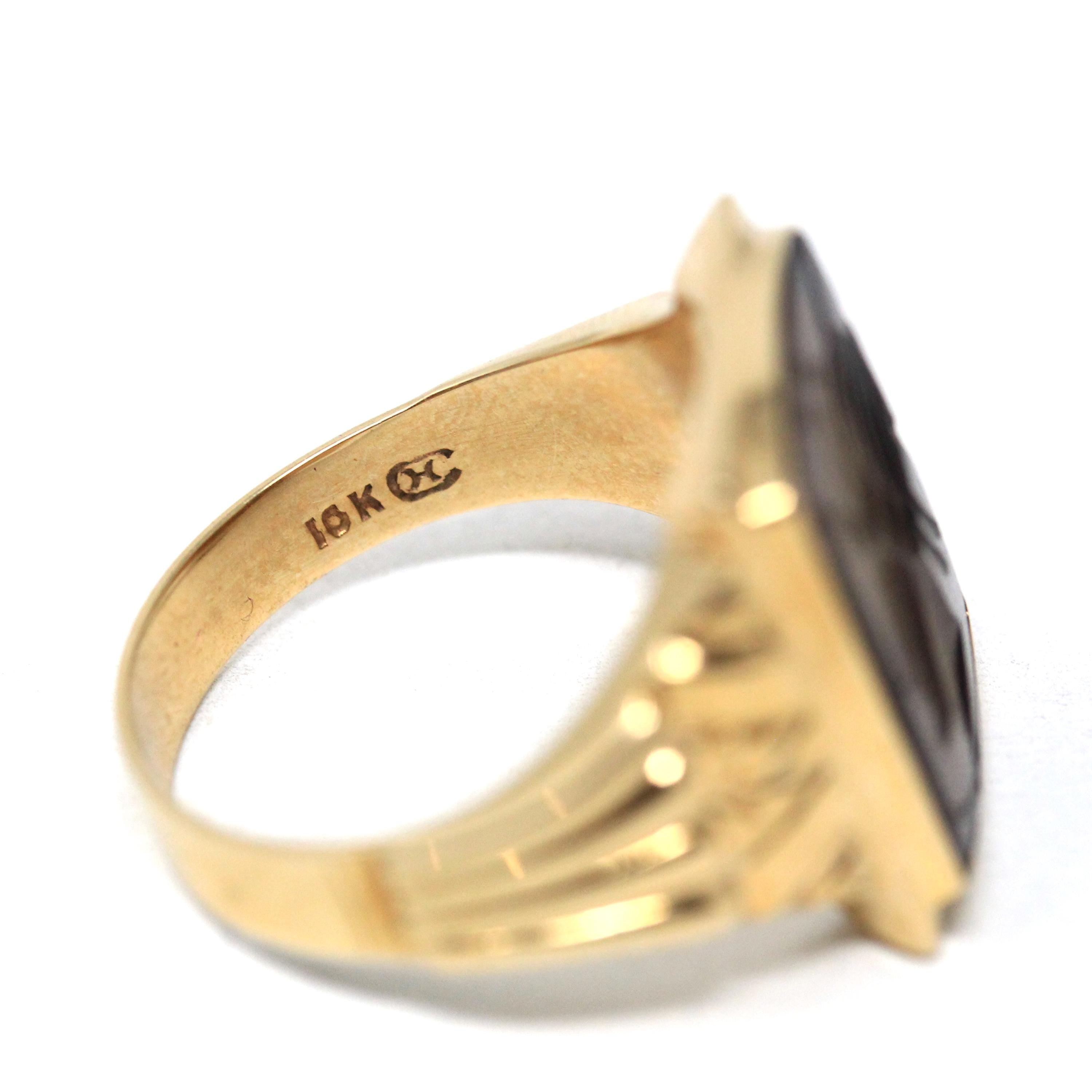 Chalcedony Intaglio Ring - Vintage 10k Yellow Gold Carved Brown Gemstone Warrior - Circa 1950s Era Size 8 3/4 Unisex Fine Statement Jewelry