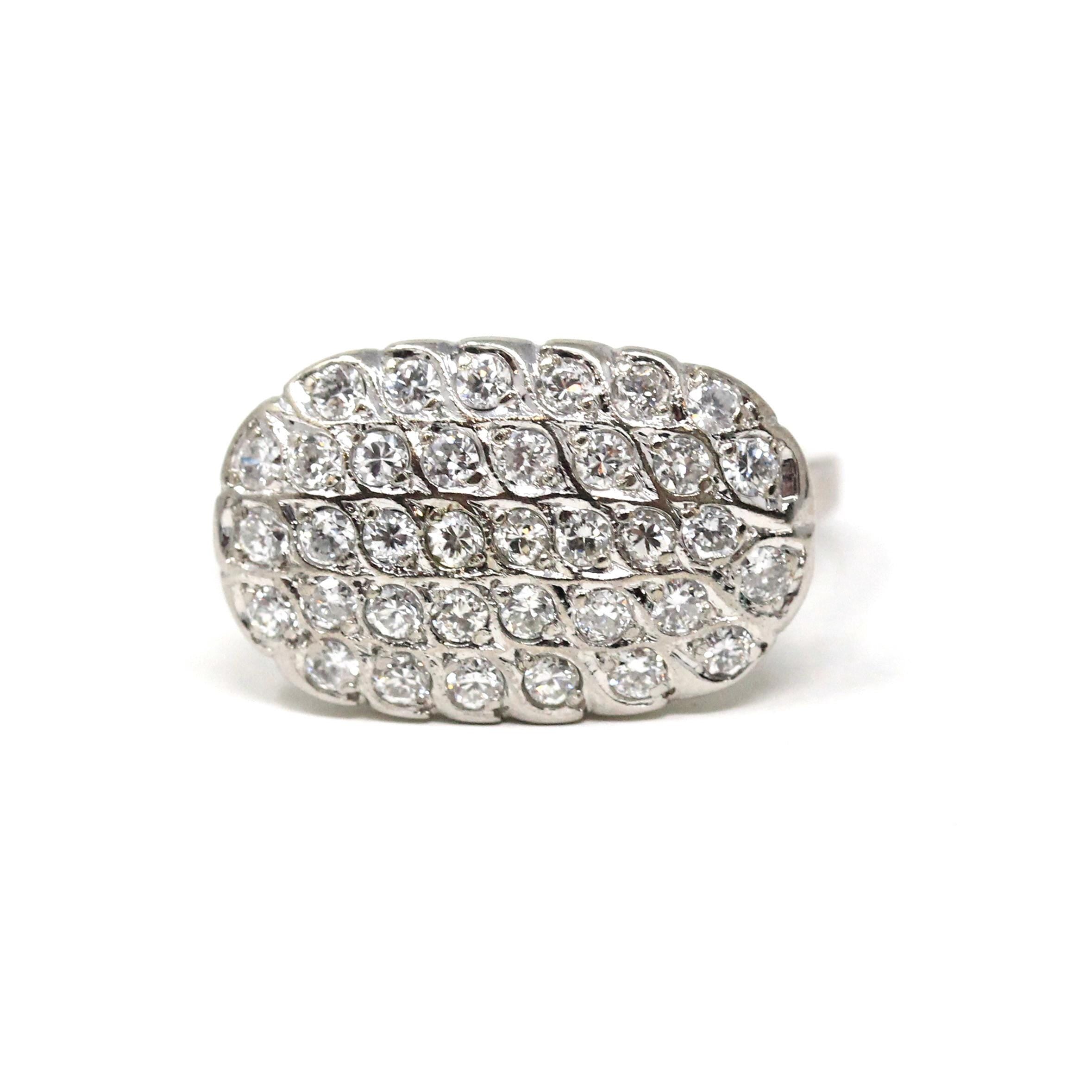 Diamond Princess Ring - Vintage 14k White Gold Natural .90 CTW Diamonds Statement - Mid Century 1950s Era Size 8 1/4 Cocktail Fine Jewelry