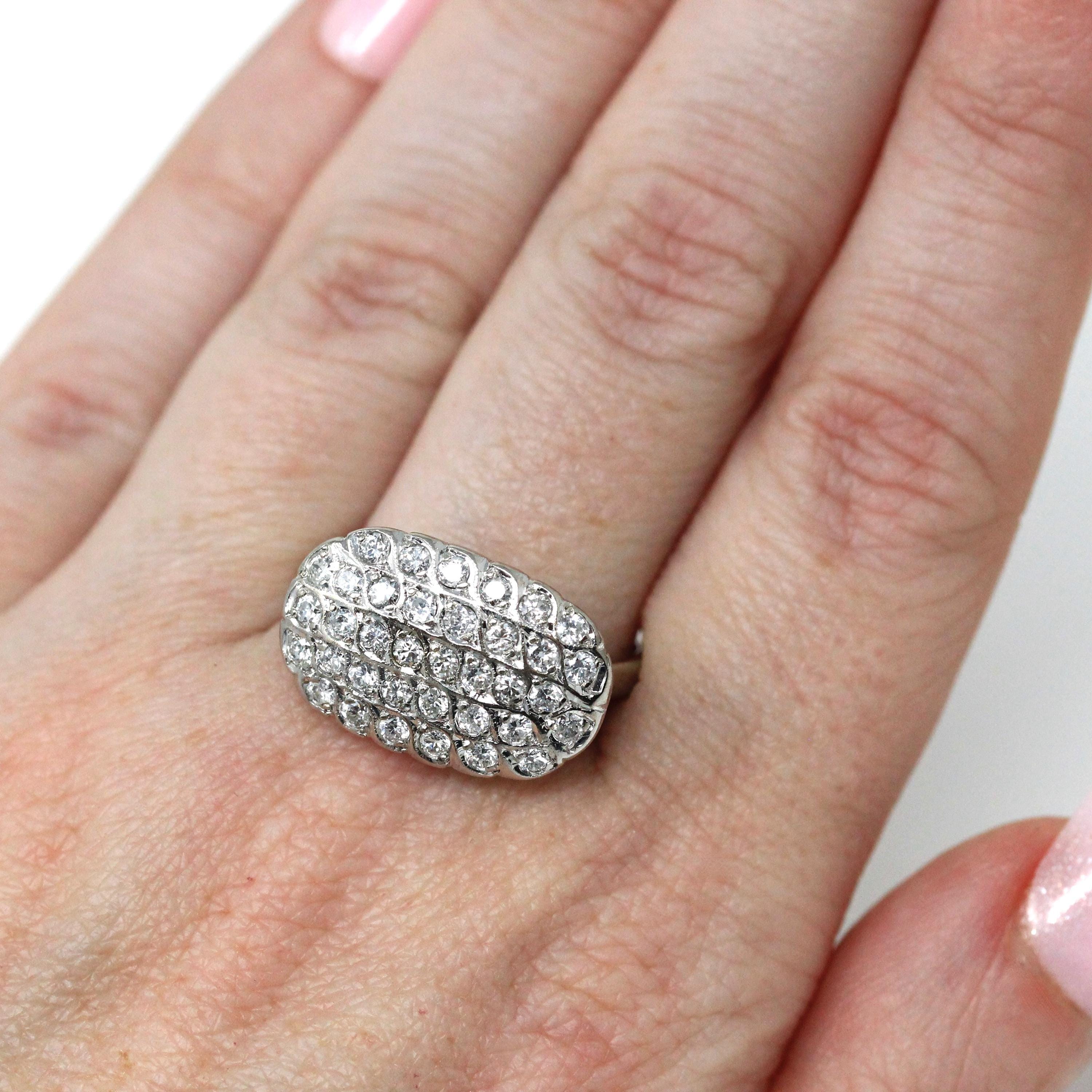 Diamond Princess Ring - Vintage 14k White Gold Natural .90 CTW Diamonds Statement - Mid Century 1950s Era Size 8 1/4 Cocktail Fine Jewelry