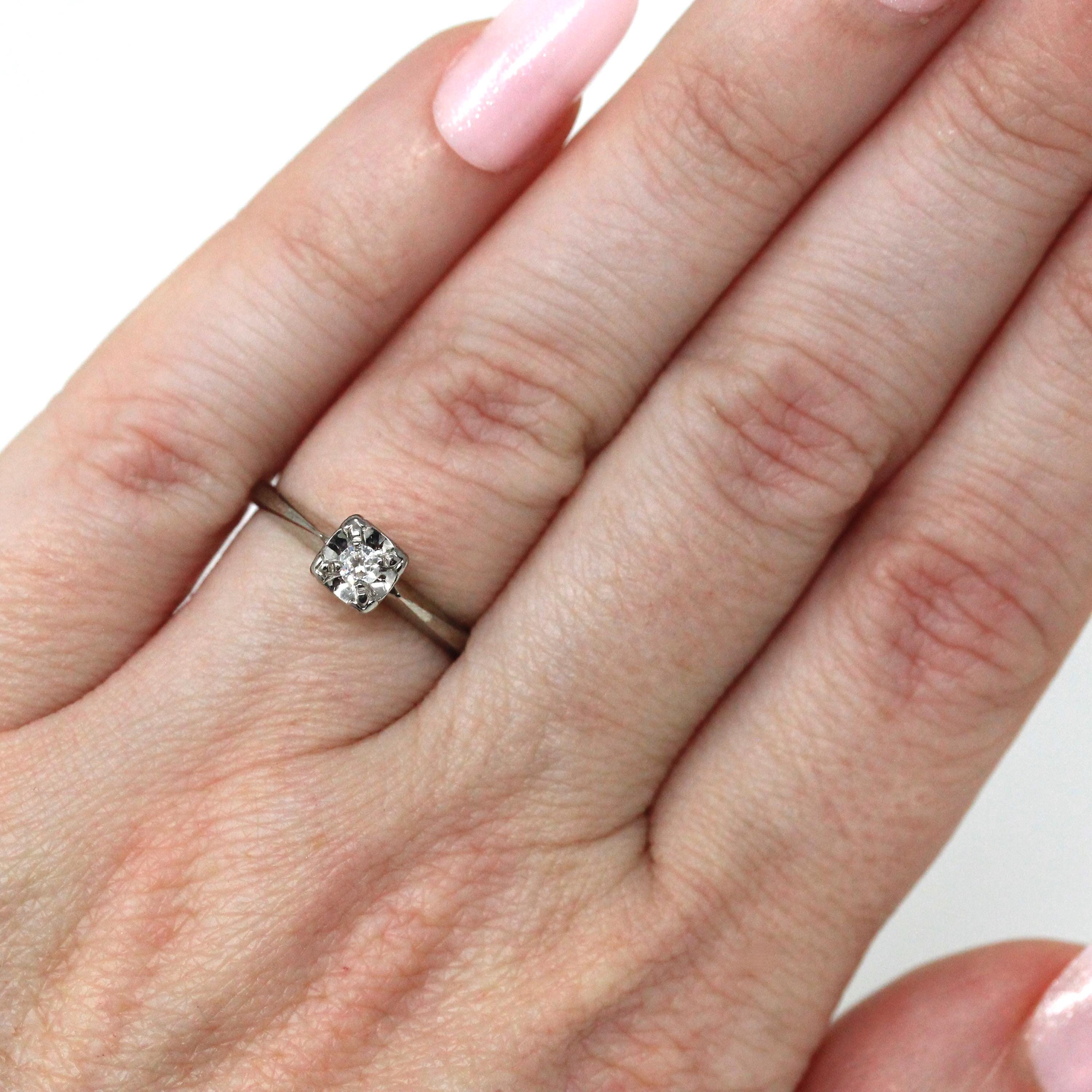 Illusion Diamond Ring - Mid Century 18k White Gold Engagement Natural Gemstone Solitaire - Vintage 1950s Era Size 4 1/2 Fine Bridal Jewelry