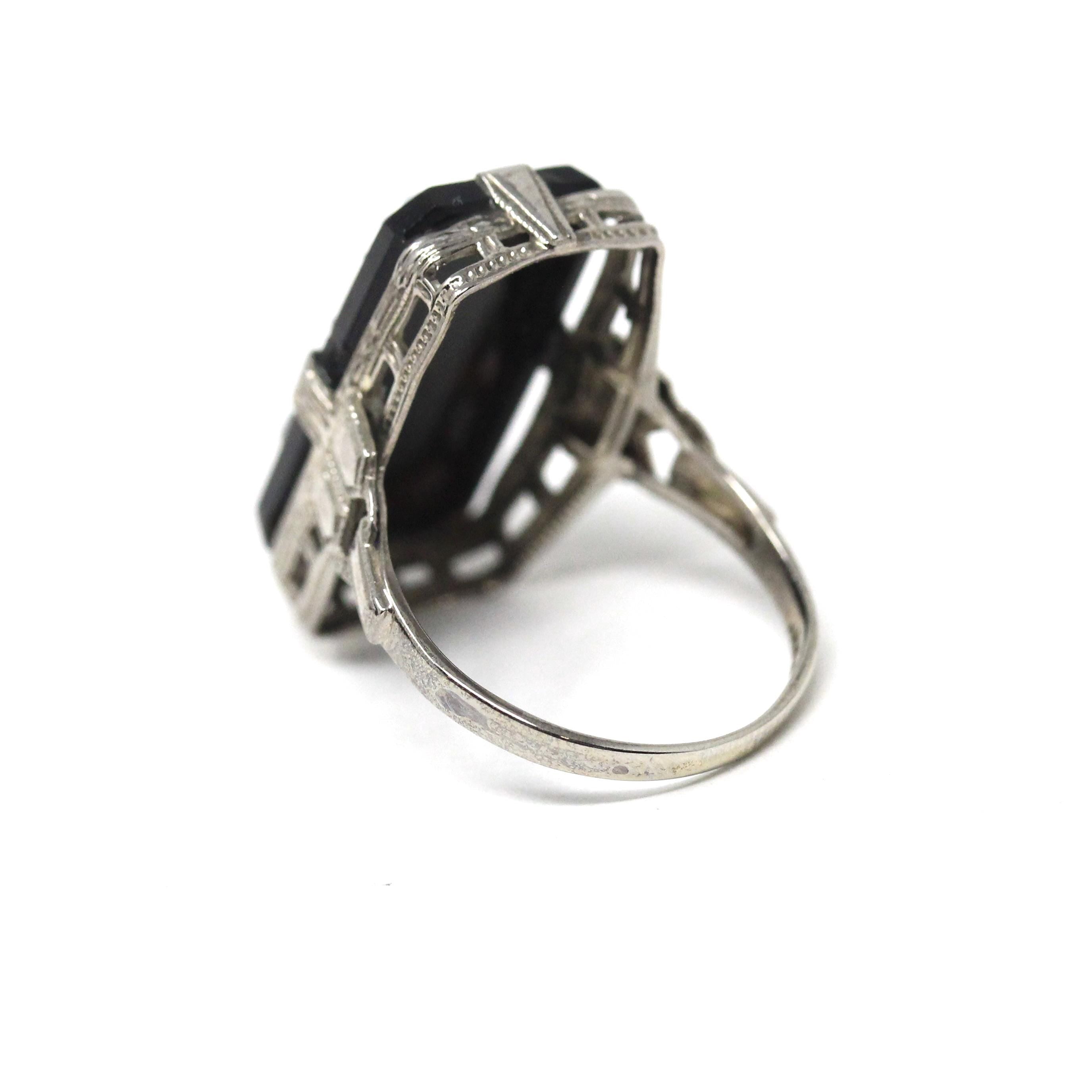 Vintage Cameo Ring - Art Deco 14k White Gold Genuine Carved Black & White Onyx Gemstone - Circa 1930s Era Statement Woman's Profile Jewelry