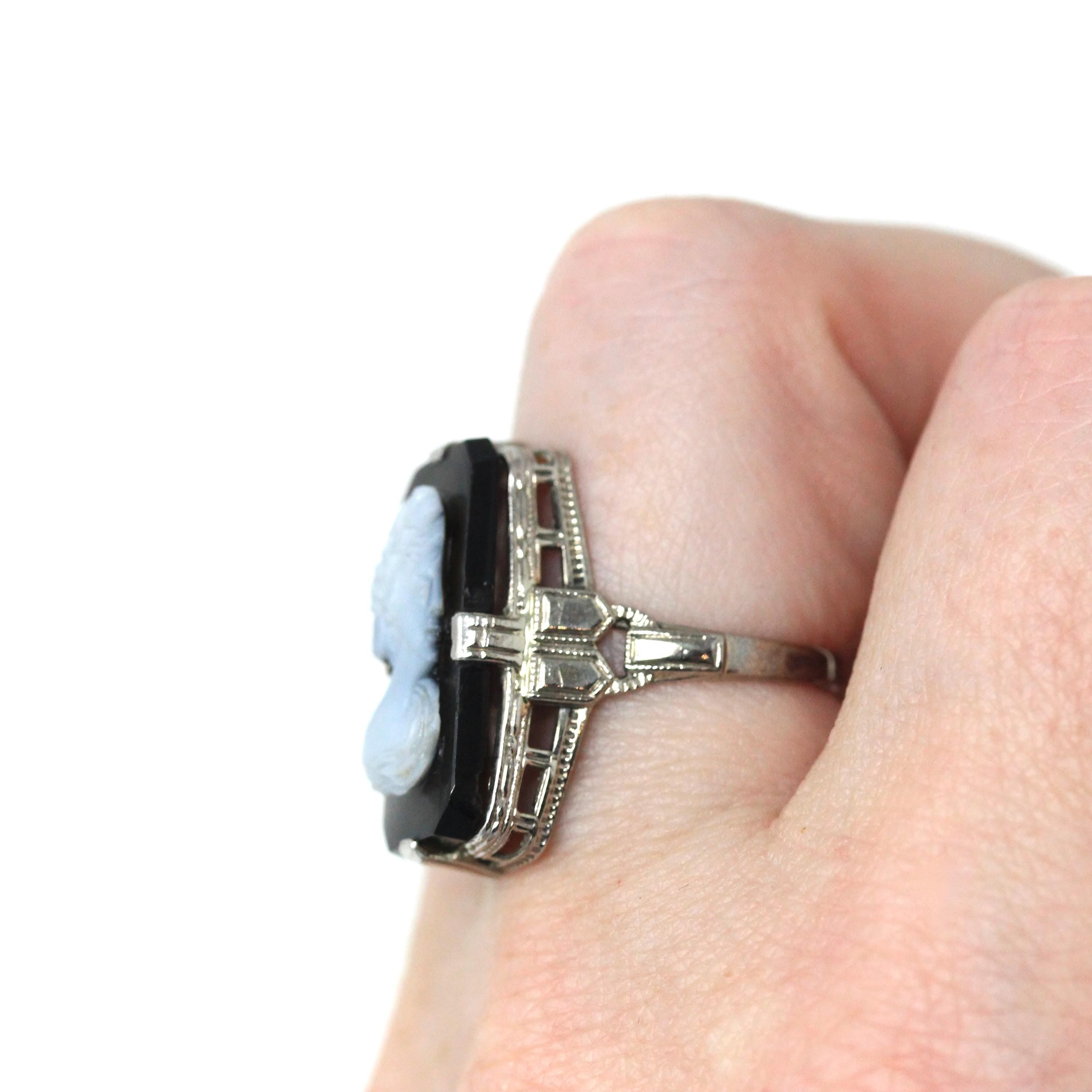 Vintage Cameo Ring - Art Deco 14k White Gold Genuine Carved Black & White Onyx Gemstone - Circa 1930s Era Statement Woman's Profile Jewelry