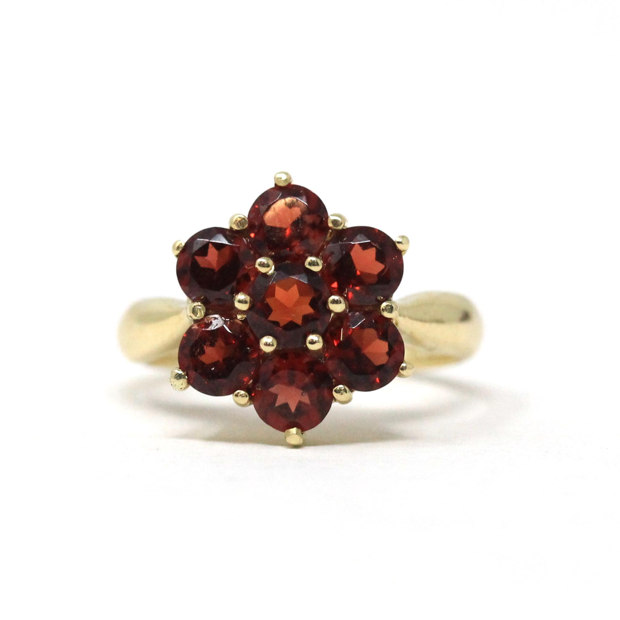 Vintage Garnet Flower Ring - Modern 14k Yellow Gold Natural Red Gemstone Cluster - Estate 2000s Size 4 1/2 January Birthstone Fine Jewelry