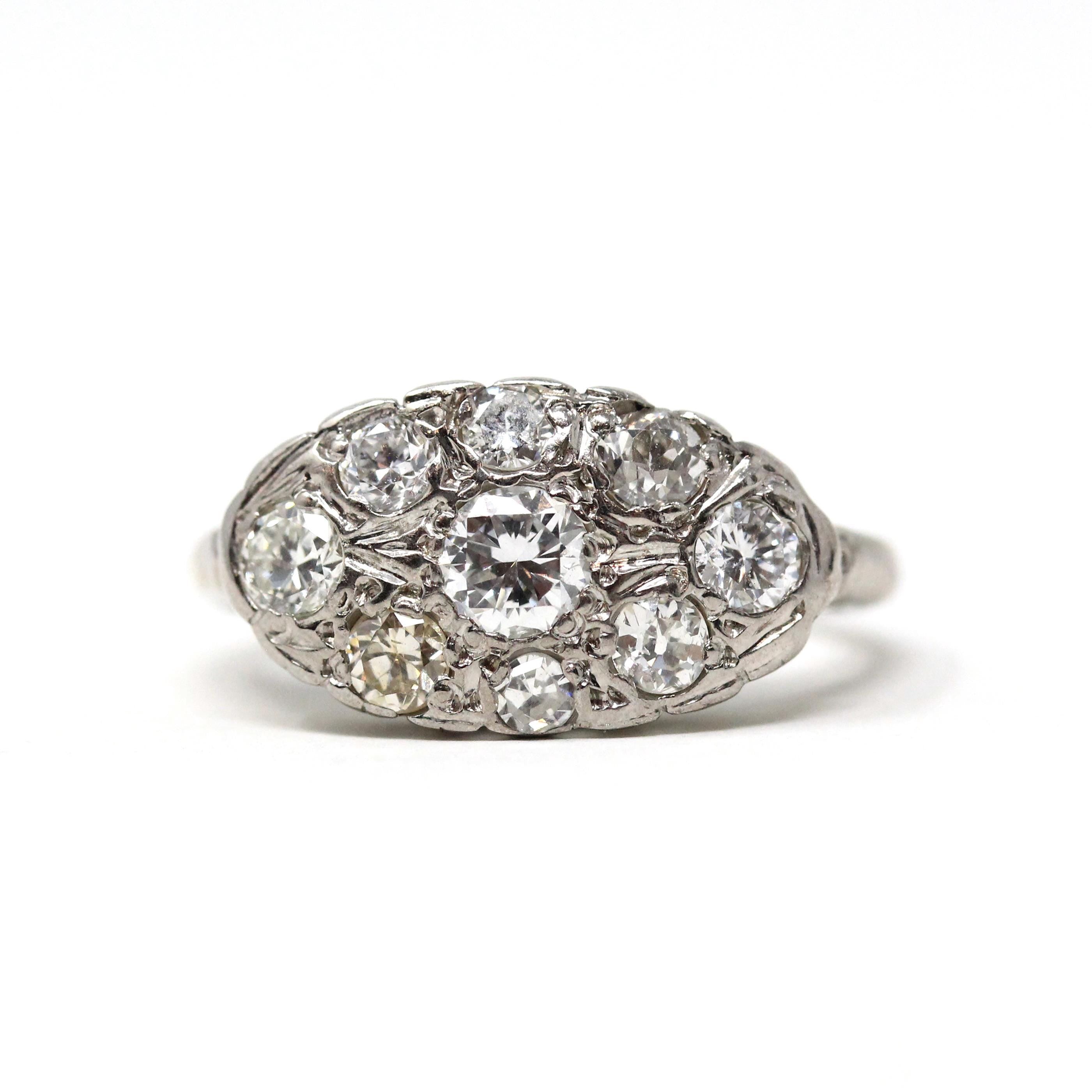 Mid Century Diamond Cluster Ring - 14k White Gold East West Princess Anniversary Statement - Vintage 1940s Cocktail Natural Gem Fine Jewelry