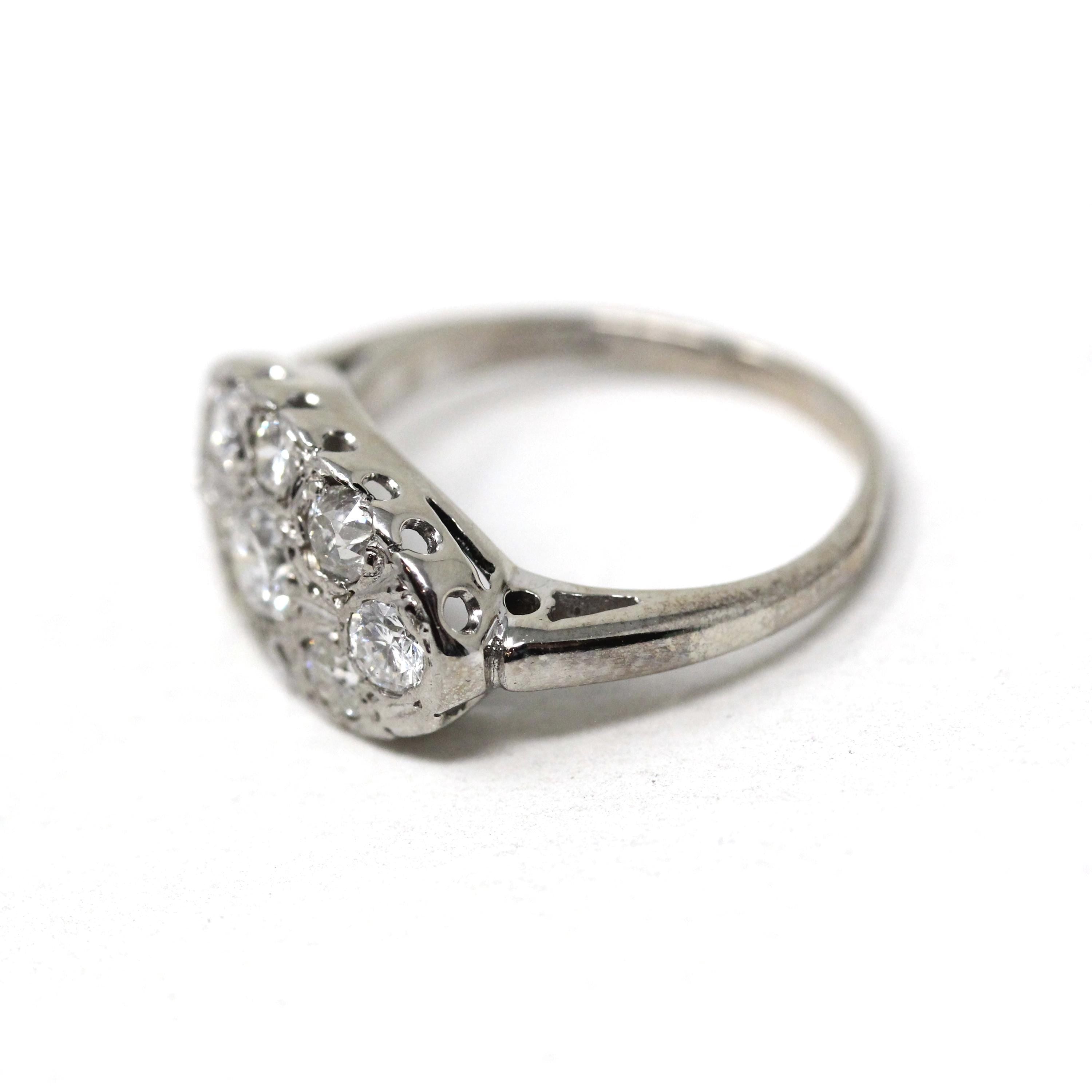 Mid Century Diamond Cluster Ring - 14k White Gold East West Princess Anniversary Statement - Vintage 1940s Cocktail Natural Gem Fine Jewelry