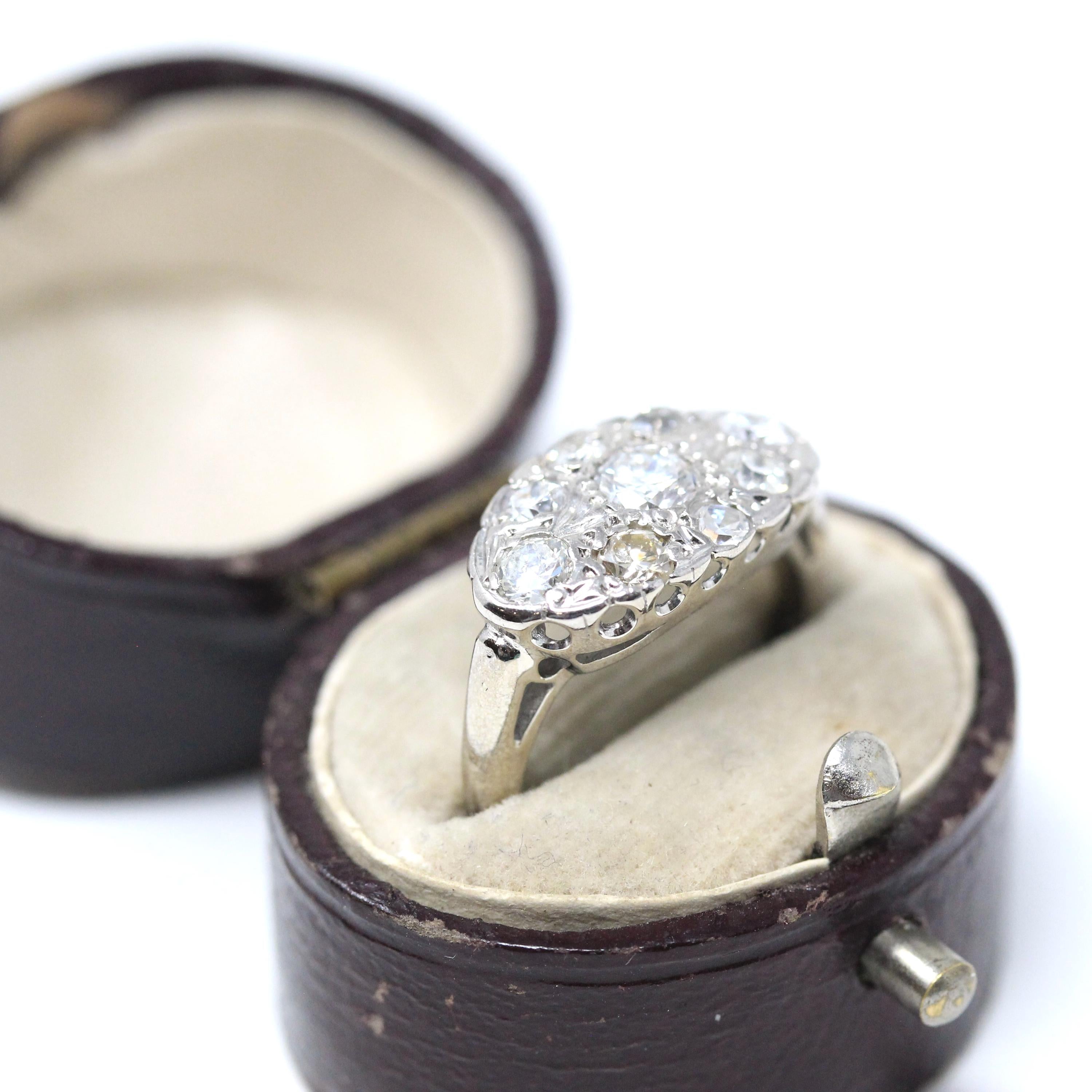 Mid Century Diamond Cluster Ring - 14k White Gold East West Princess Anniversary Statement - Vintage 1940s Cocktail Natural Gem Fine Jewelry