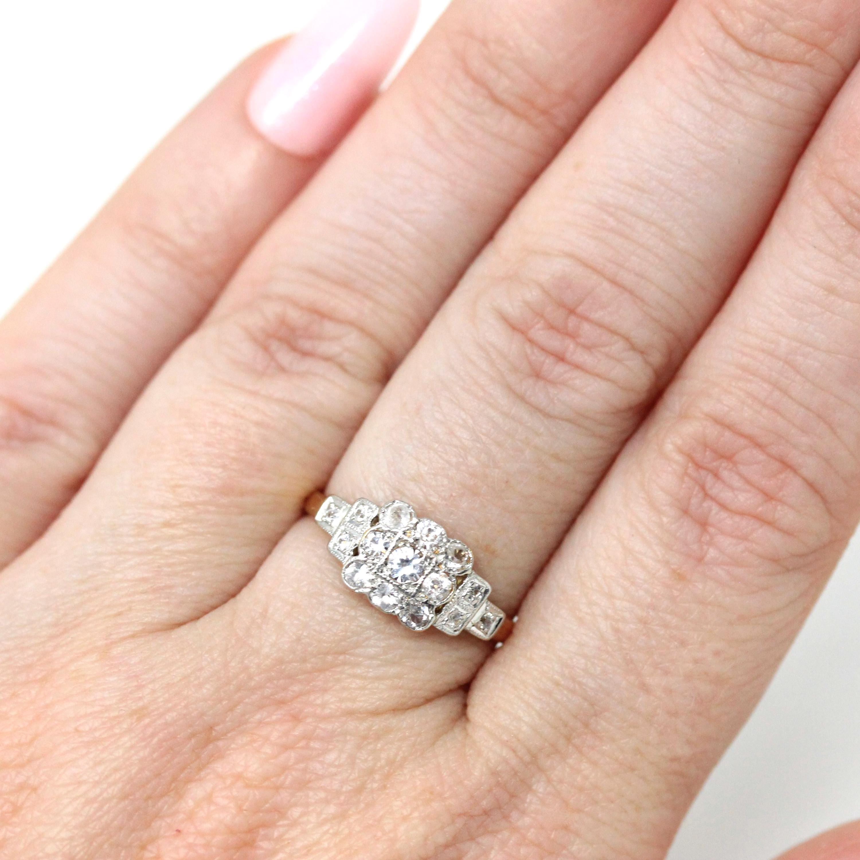 Vintage Cluster Ring - 18k Yellow Gold & Platinum Zircon, Sapphire, Created Spinel White Gemstones - Circa 1940s Era Size 5.5 Fine Jewelry