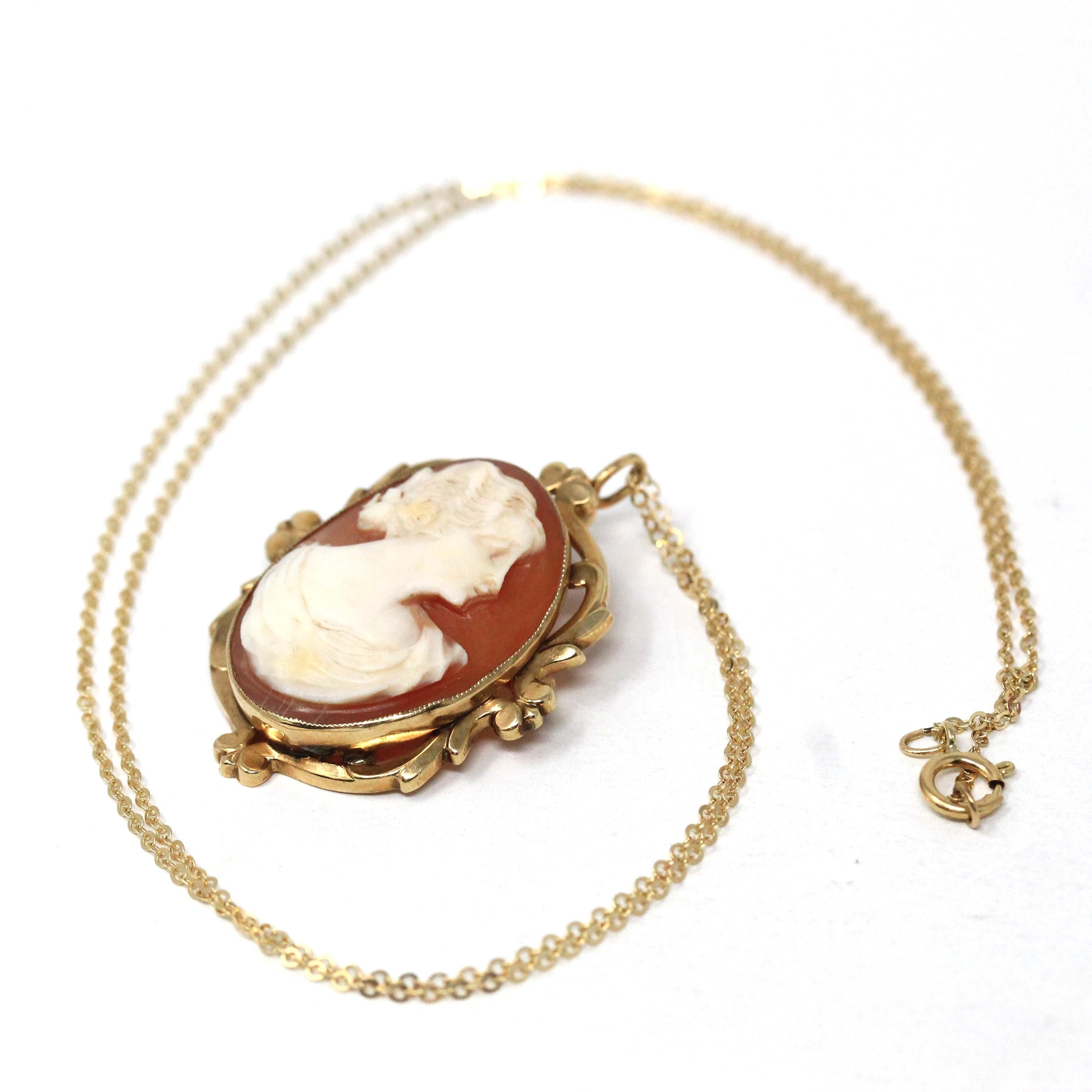 Vintage Cameo Necklace - Mid Century 10k Yellow Gold Carved Shell Woman's Profile Pendant - Circa 1950s Era Statement Brooch Fine Jewelry
