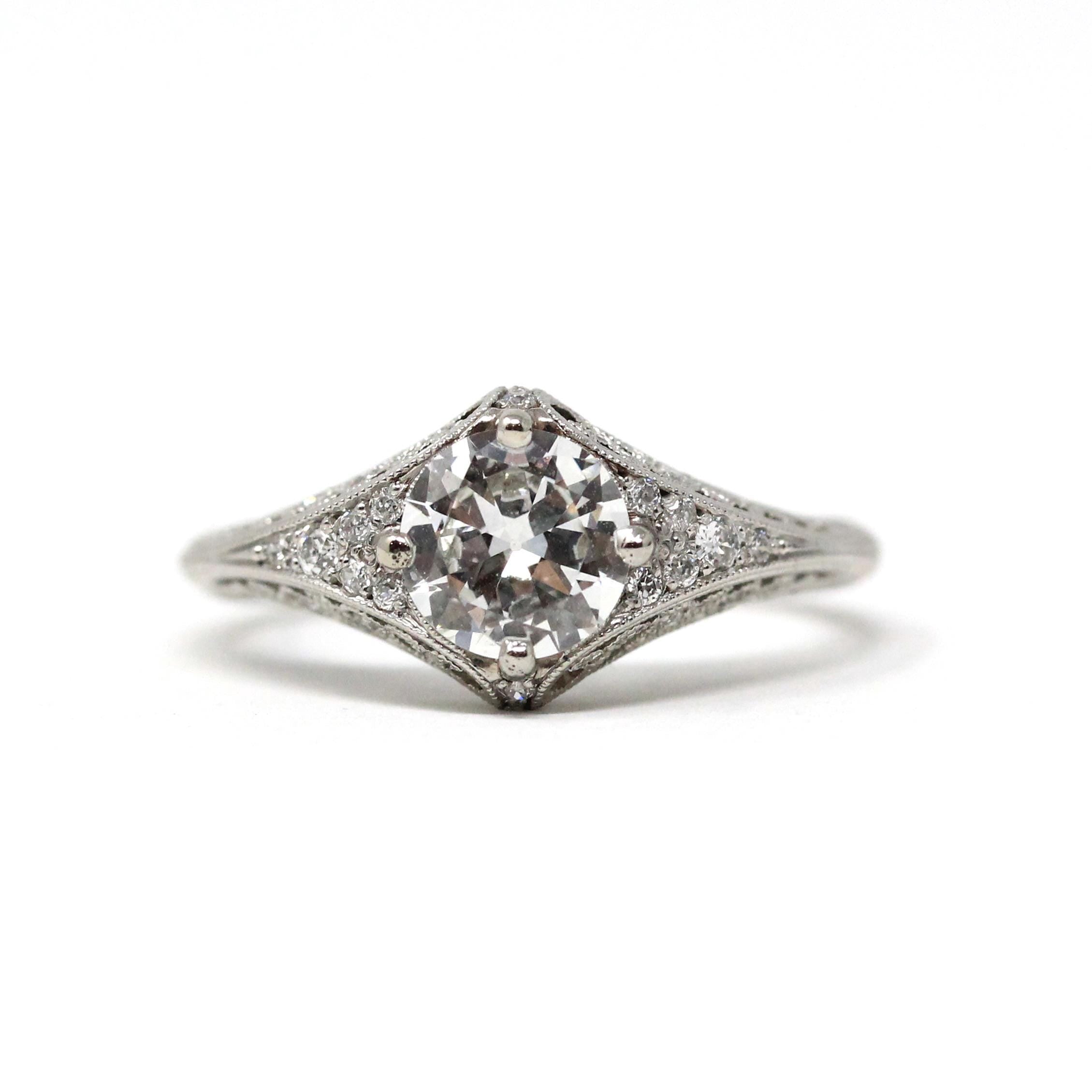 Diamond Engagement Ring - Art Deco Style Platinum .98 CTW Old European Cut Filigree Lacy Open Metal - Estate Size 5 3/4 Fine Modern Jewelry