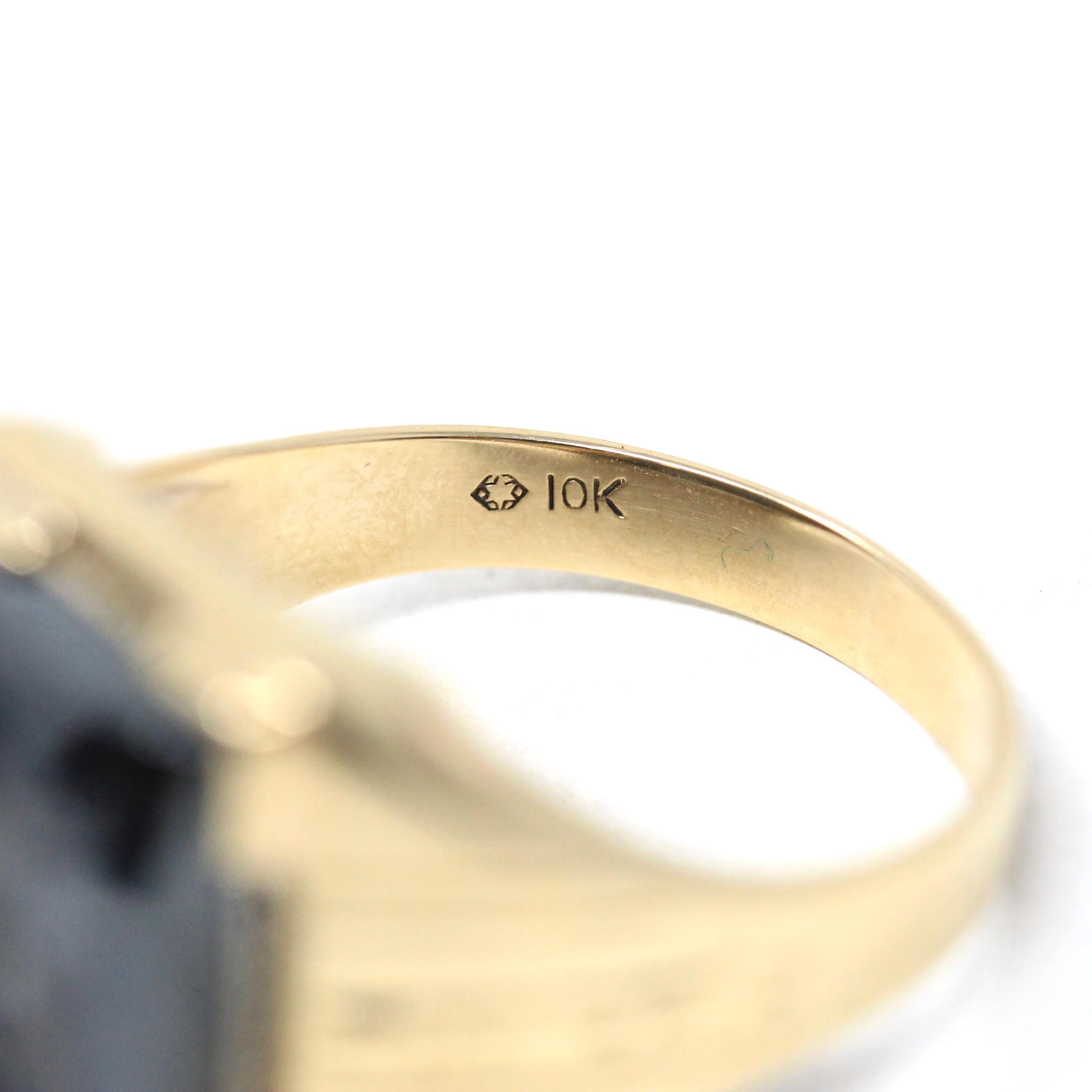 Vintage Hematite Ring - Mid Century 10k Yellow Gold Intaglio Carved Gray Gem - Circa 1940s Era Size 10 3/4 Statement Fine Unisex Jewelry