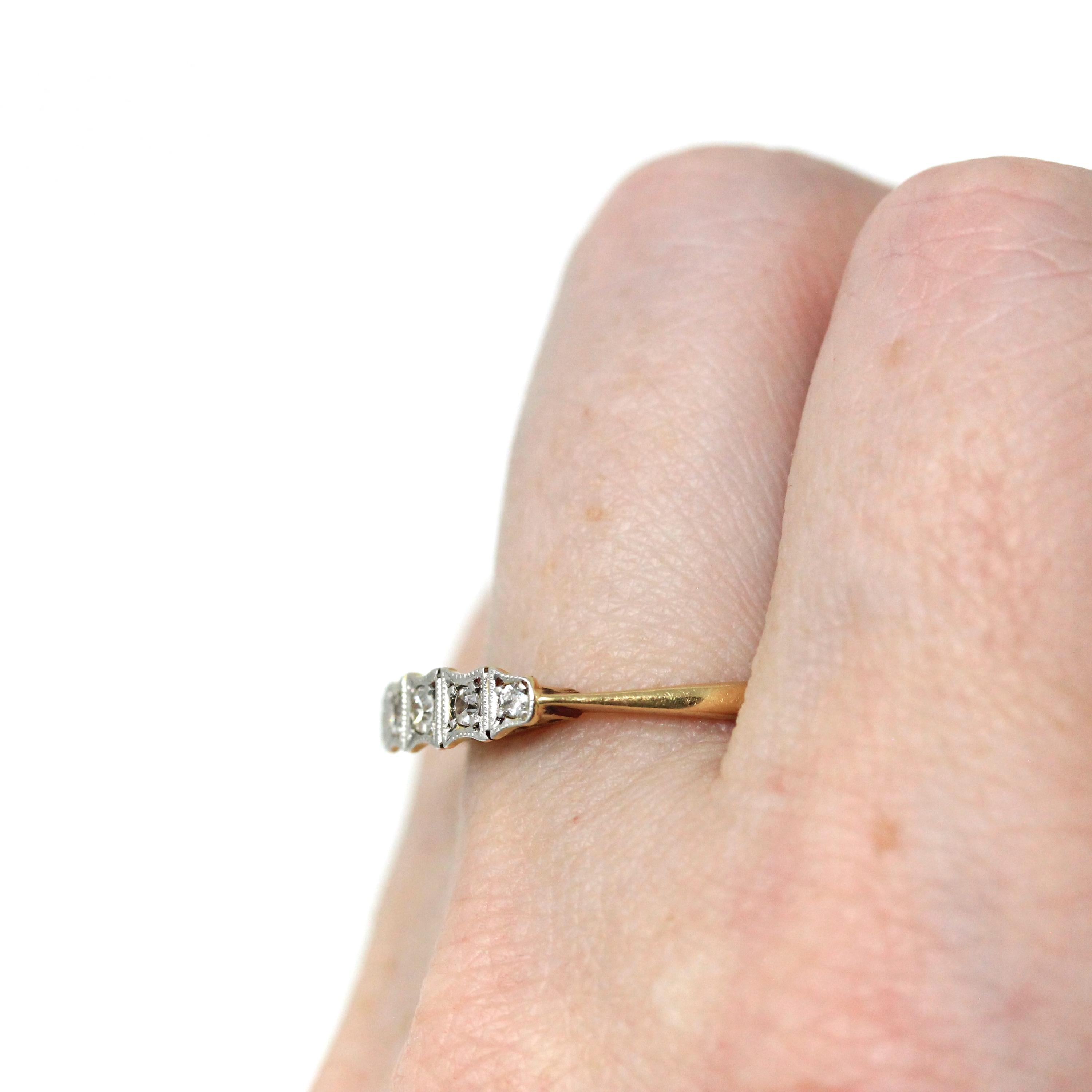 Diamond Wedding Band - Mid Century 18k Yellow Gold & Platinum Natural .13 CTW Gems - Circa 1940s Size 8 Fine Two Tone Bridal Band Jewelry