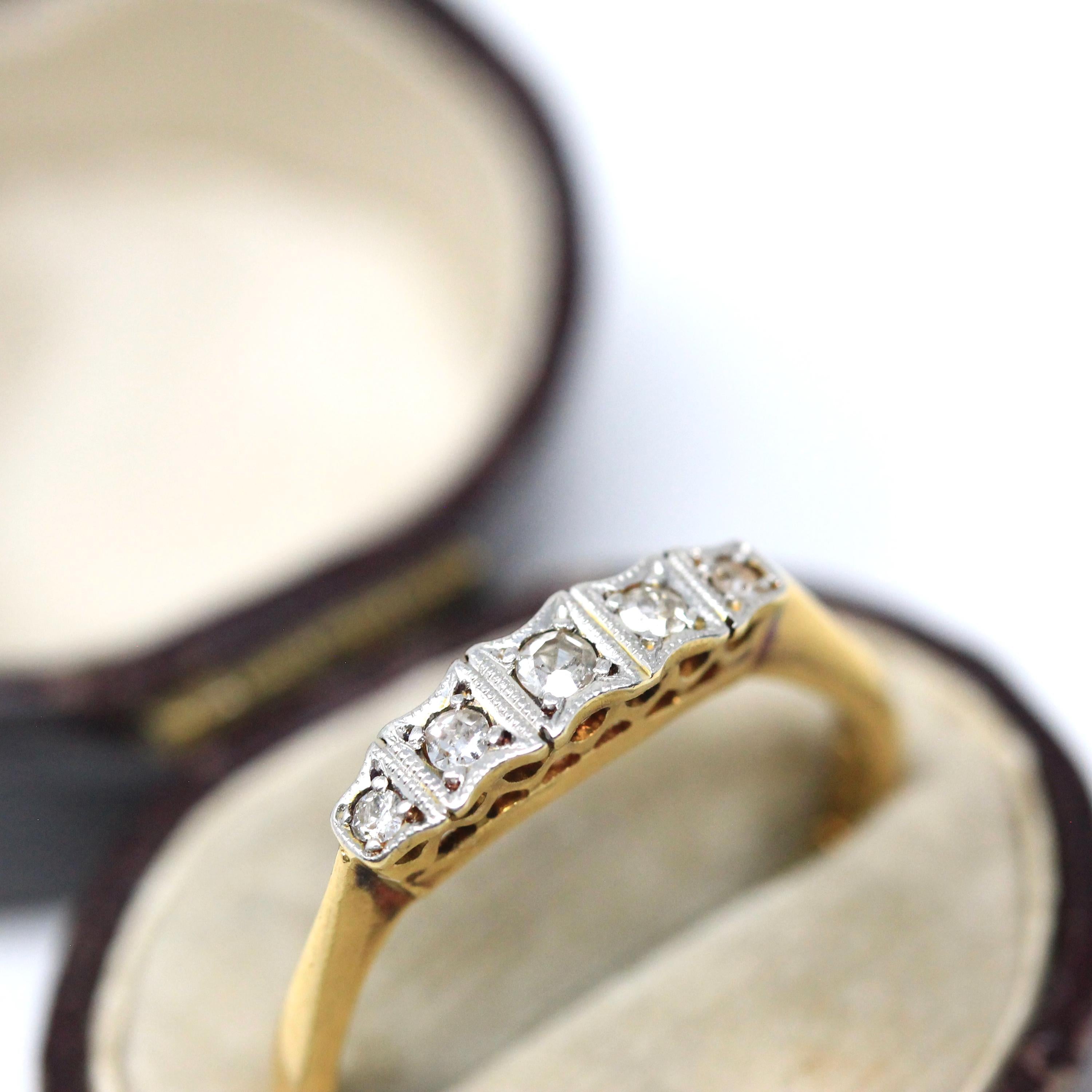 Diamond Wedding Band - Mid Century 18k Yellow Gold & Platinum Natural .13 CTW Gems - Circa 1940s Size 8 Fine Two Tone Bridal Band Jewelry
