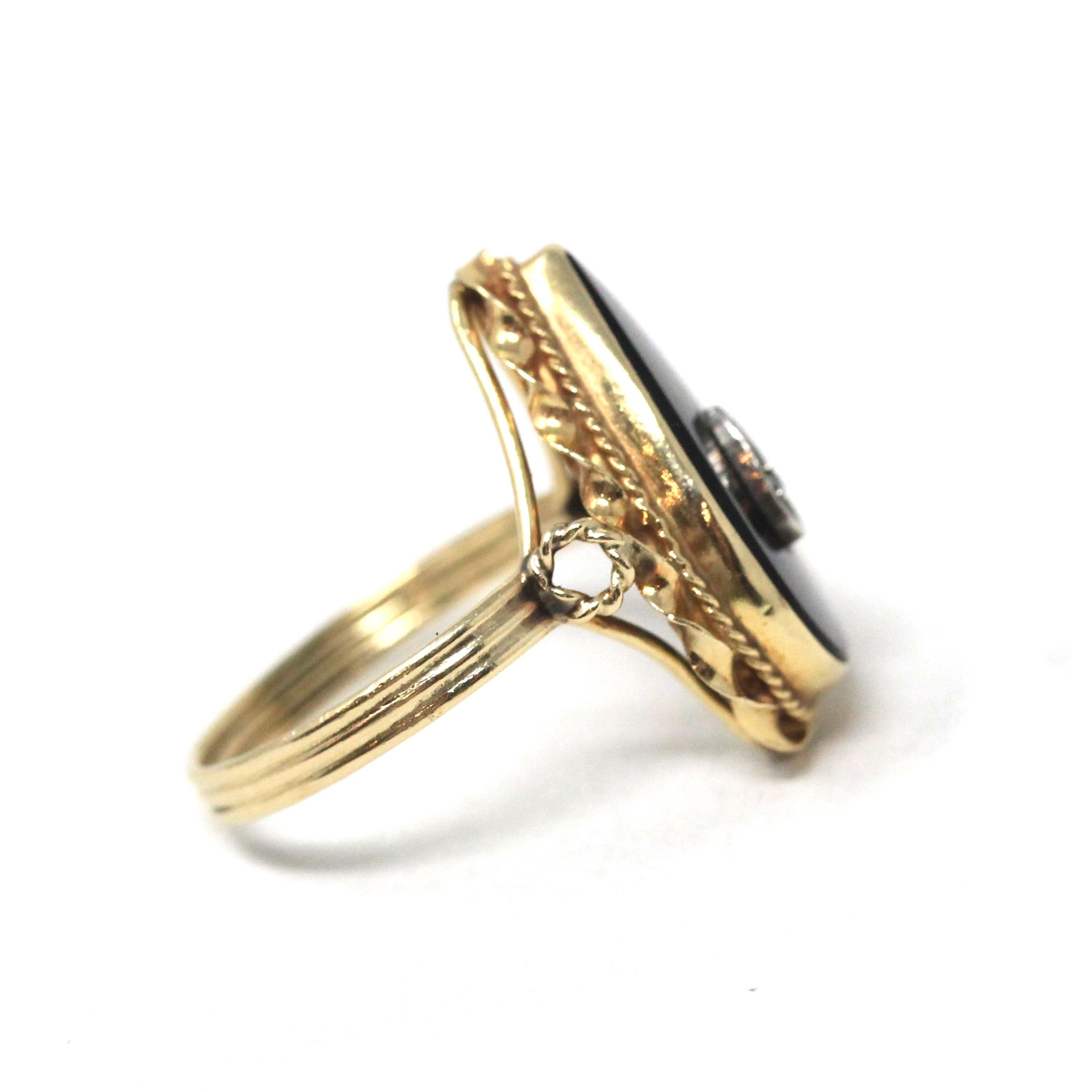 Vintage Onyx Ring - Mid Century 14k Yellow Gold Pear Teardrop Black Chalcedony Natural Diamond - Circa 1960s Era Size 5 3/4 Fine 60s Jewelry