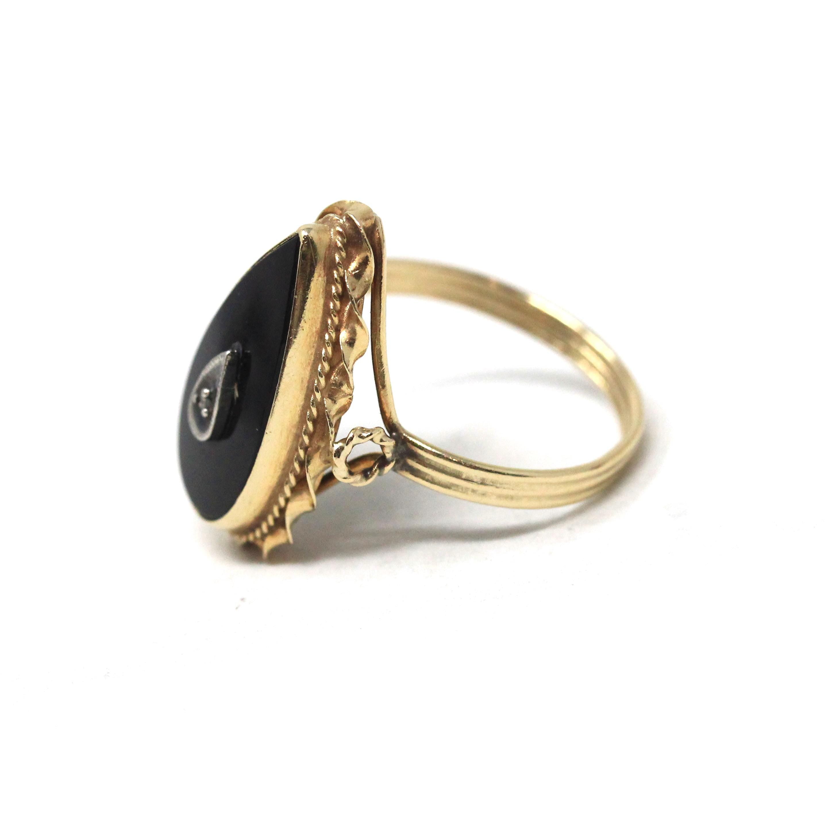 Vintage Onyx Ring - Mid Century 14k Yellow Gold Pear Teardrop Black Chalcedony Natural Diamond - Circa 1960s Era Size 5 3/4 Fine 60s Jewelry