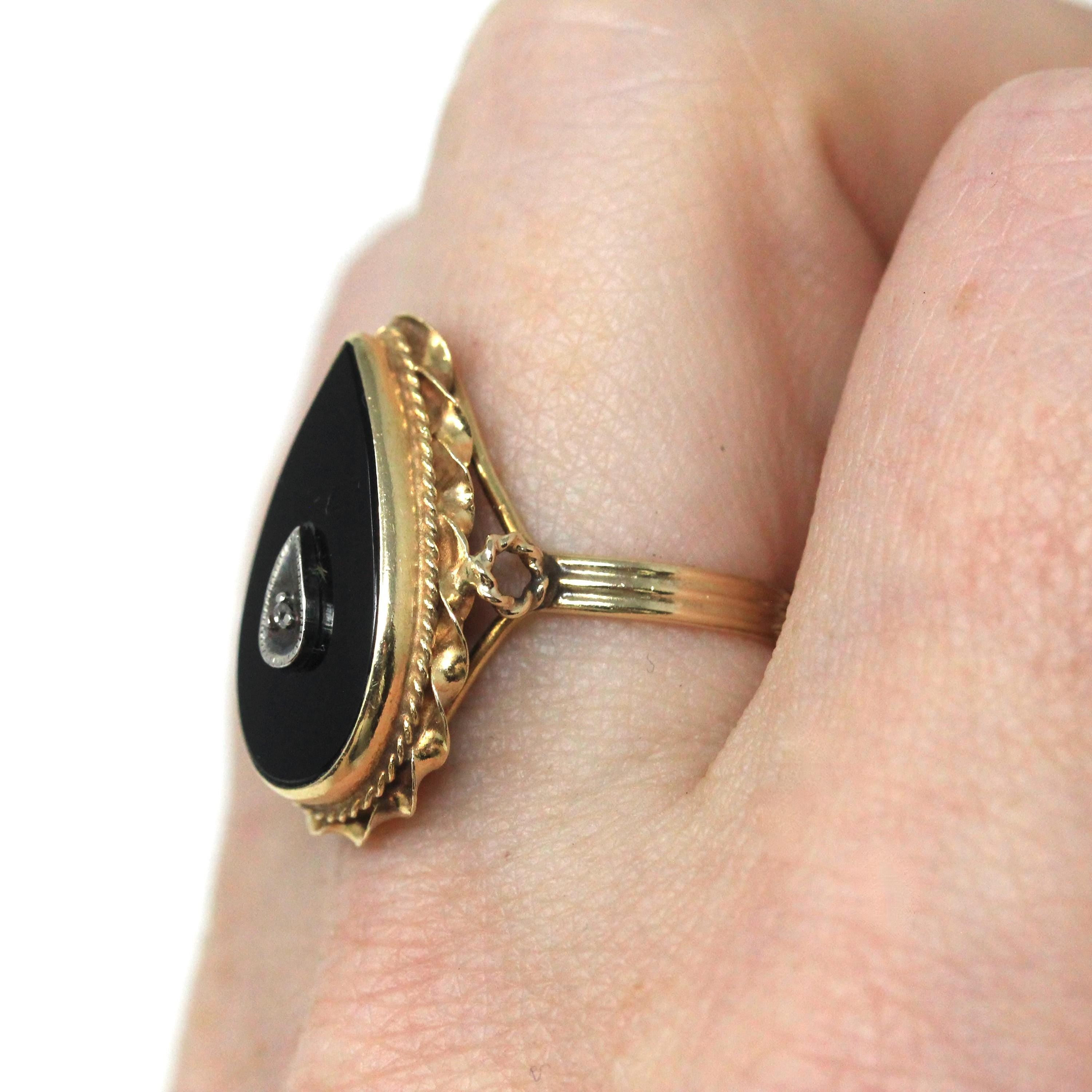 Vintage Onyx Ring - Mid Century 14k Yellow Gold Pear Teardrop Black Chalcedony Natural Diamond - Circa 1960s Era Size 5 3/4 Fine 60s Jewelry