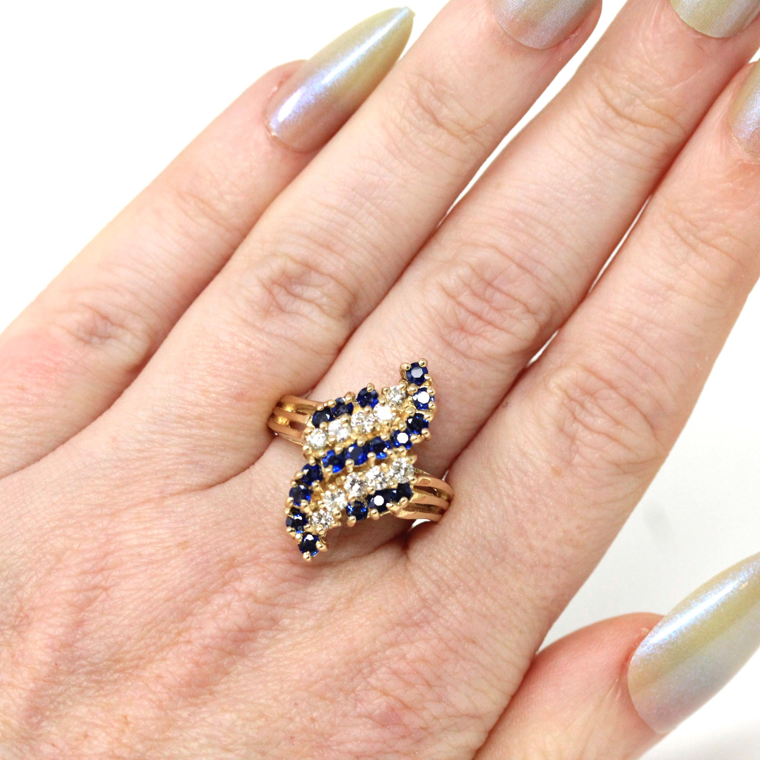 Sapphire & Diamond Ring - Modern 14k Yellow Gold Bypass Style Split Shank - Estate Circa 1980s Era Size 7 Fine Statement Engagement Jewelry