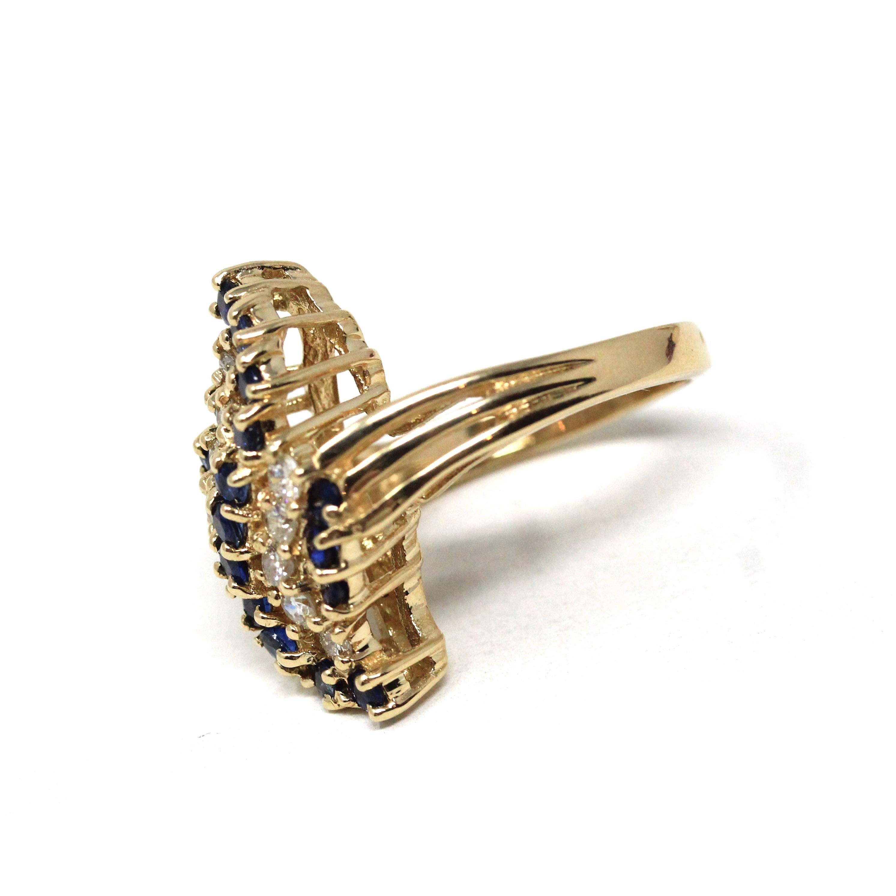 Sapphire & Diamond Ring - Modern 14k Yellow Gold Bypass Style Split Shank - Estate Circa 1980s Era Size 7 Fine Statement Engagement Jewelry