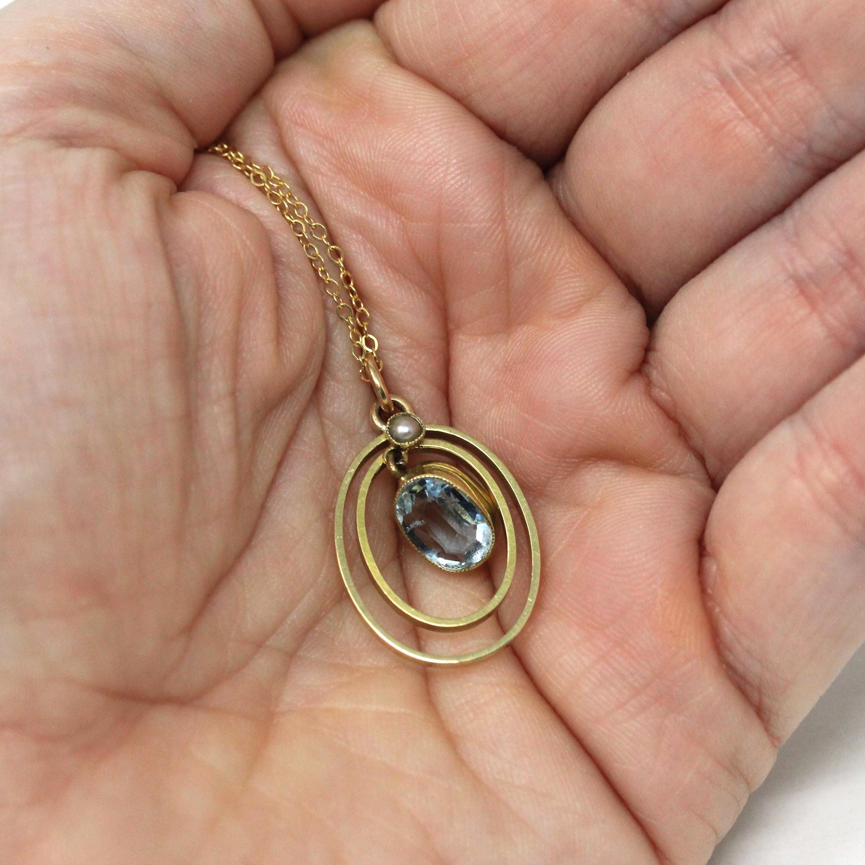 Antique Aquamarine Necklace - Edwardian 14k Yellow Gold Blue .80 CT Gem Oval Pendant - Circa 1910s Era Seed Pearl Fine Statement Jewelry