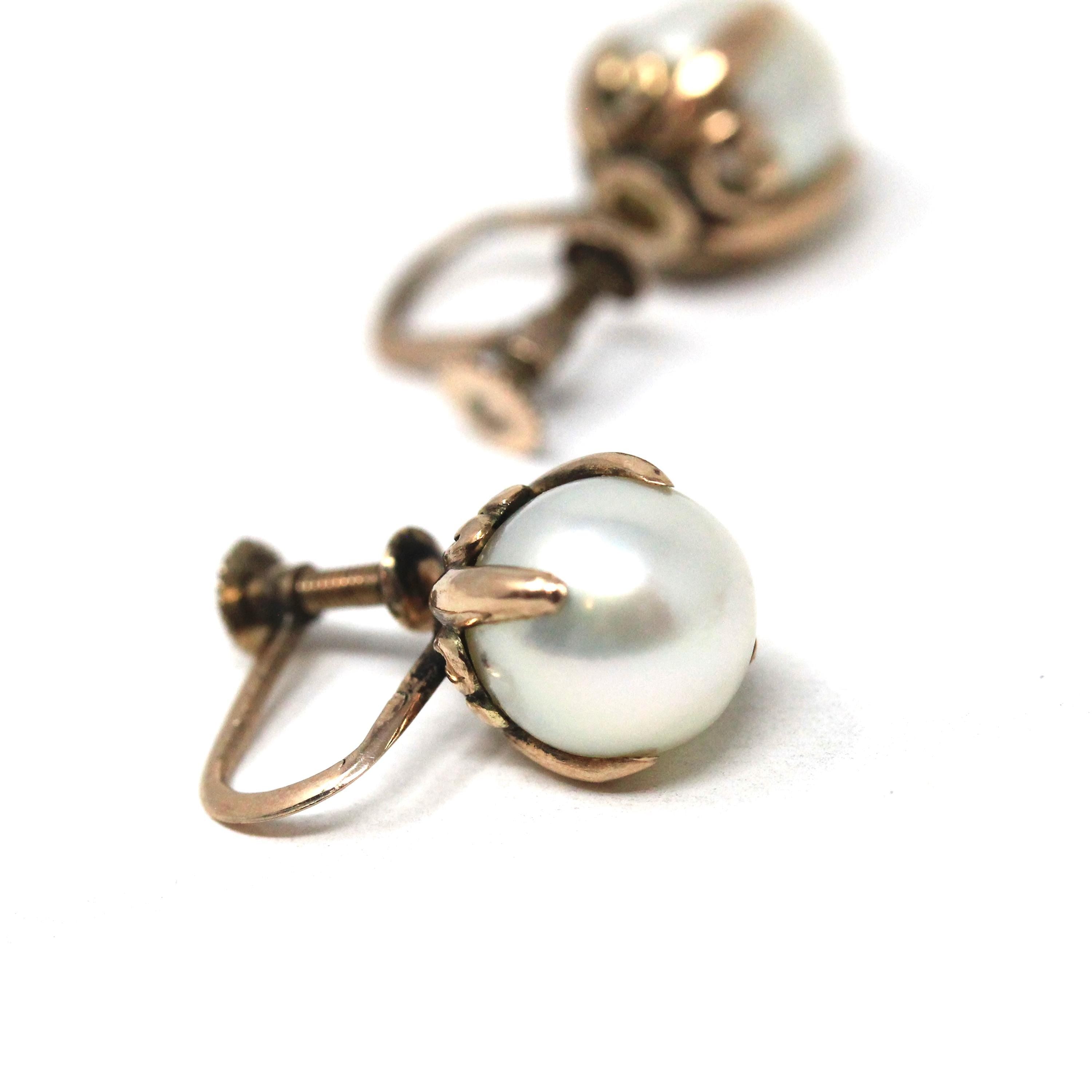 Vintage Cultured Pearl Earrings - Mid Century 10k Yellow Gold Round White Organic Gem Screw Backs - Circa 1940s Fine June Birthstone Jewelry