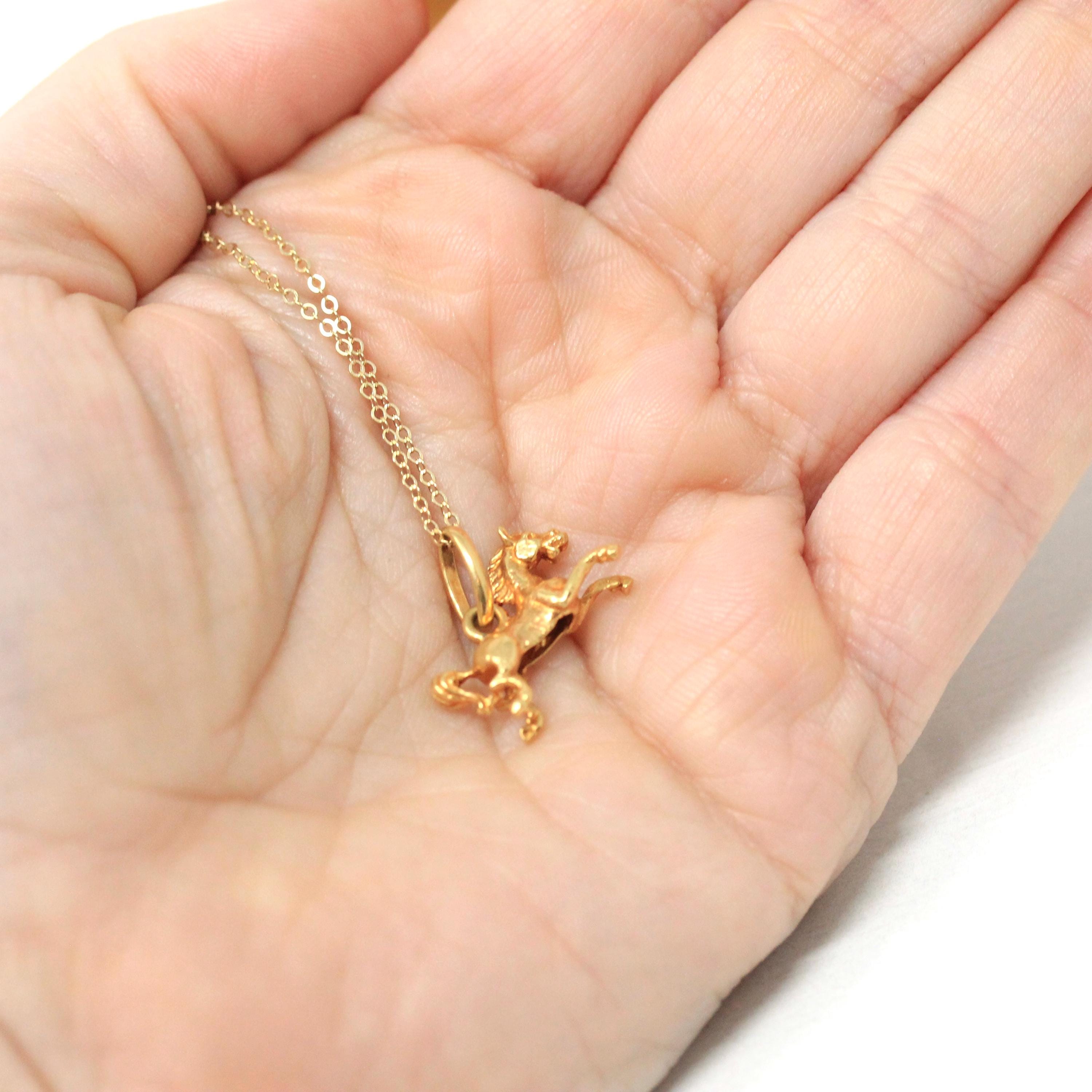 Vintage Equestrian Necklace - Retro 18k Yellow Gold Figural Detailed Horse Charm - Circa 1960s Era Dainty Pendant Fine Statement Jewelry