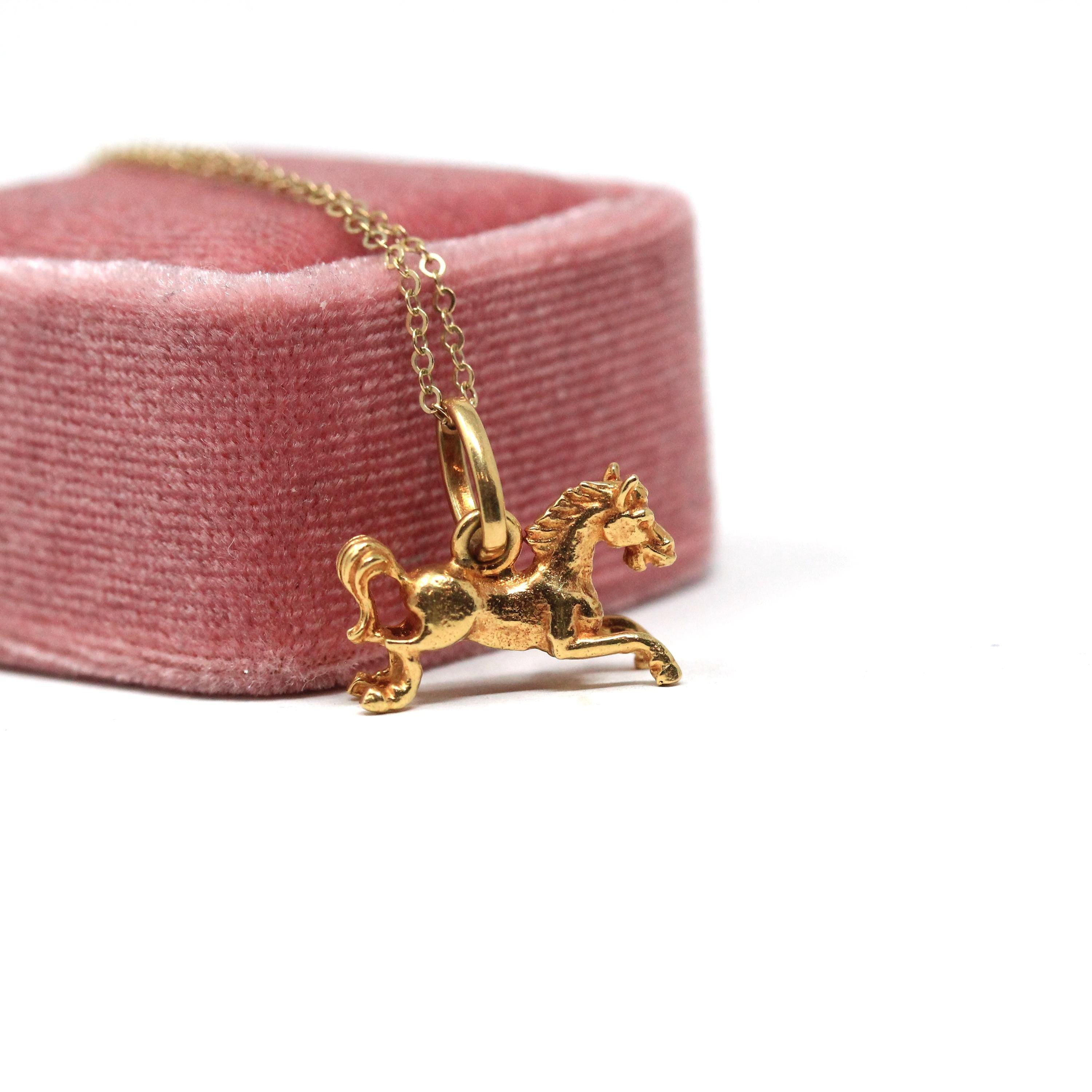 Vintage Equestrian Necklace - Retro 18k Yellow Gold Figural Detailed Horse Charm - Circa 1960s Era Dainty Pendant Fine Statement Jewelry