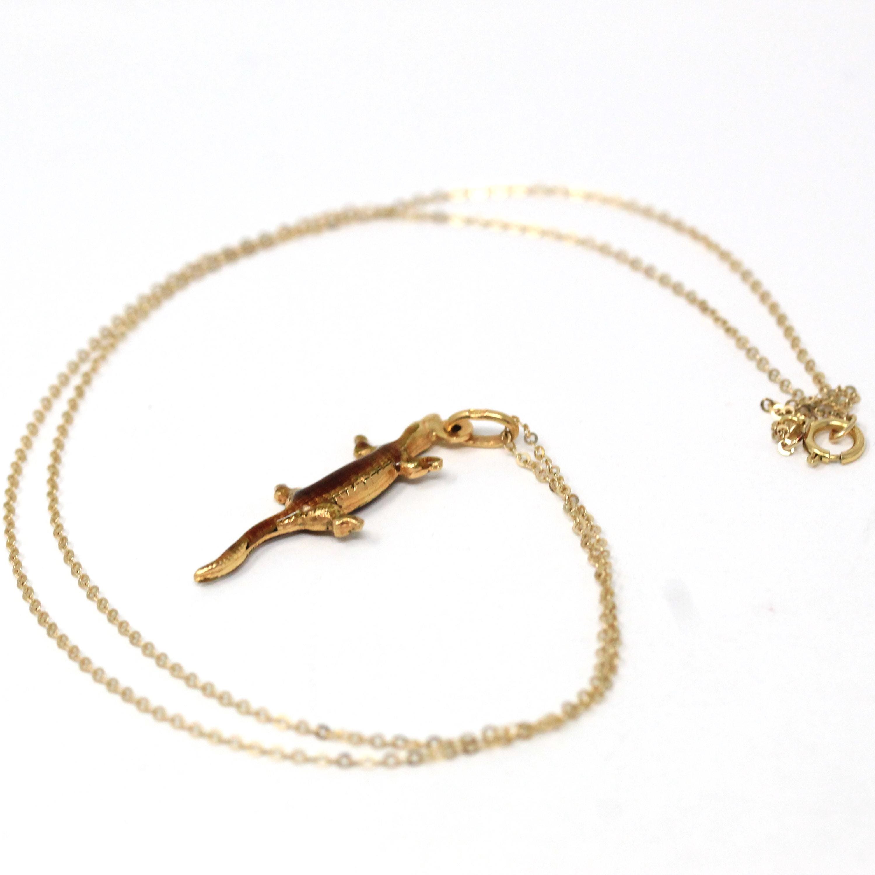 Vintage Lizard Necklace - Retro 18k Yellow Gold & Enamel Figural Reptile Charm - Circa 1960s Era Dainty Pendant Fine Statement 60s Jewelry