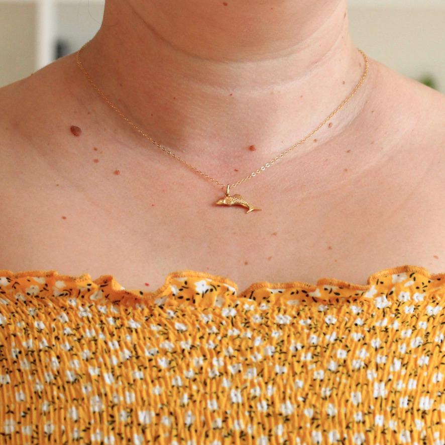 Modern Fish Necklace - Estate 18k Yellow Gold Fishing Pendant Charm - Estate Circa 2000s Jumping Sea Life Ocean Scales Pendant Fine Jewelry
