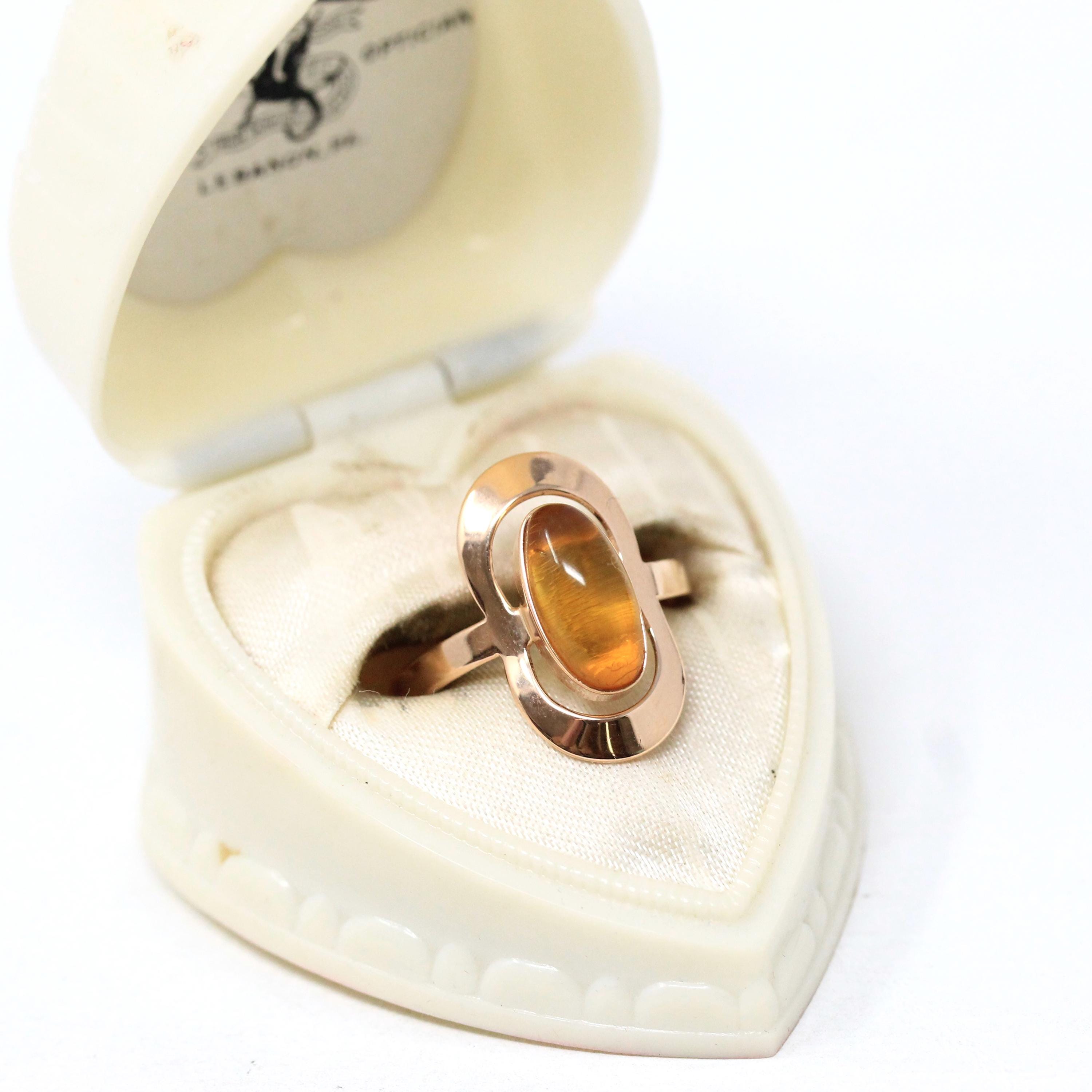 Vintage Amber Ring - Modern 14k Rose Gold Oval Cabochon Cut Bezel Set Fossilized Tree Resin - Circa 1990s Size 7 1/2 Statement Fine Jewelry