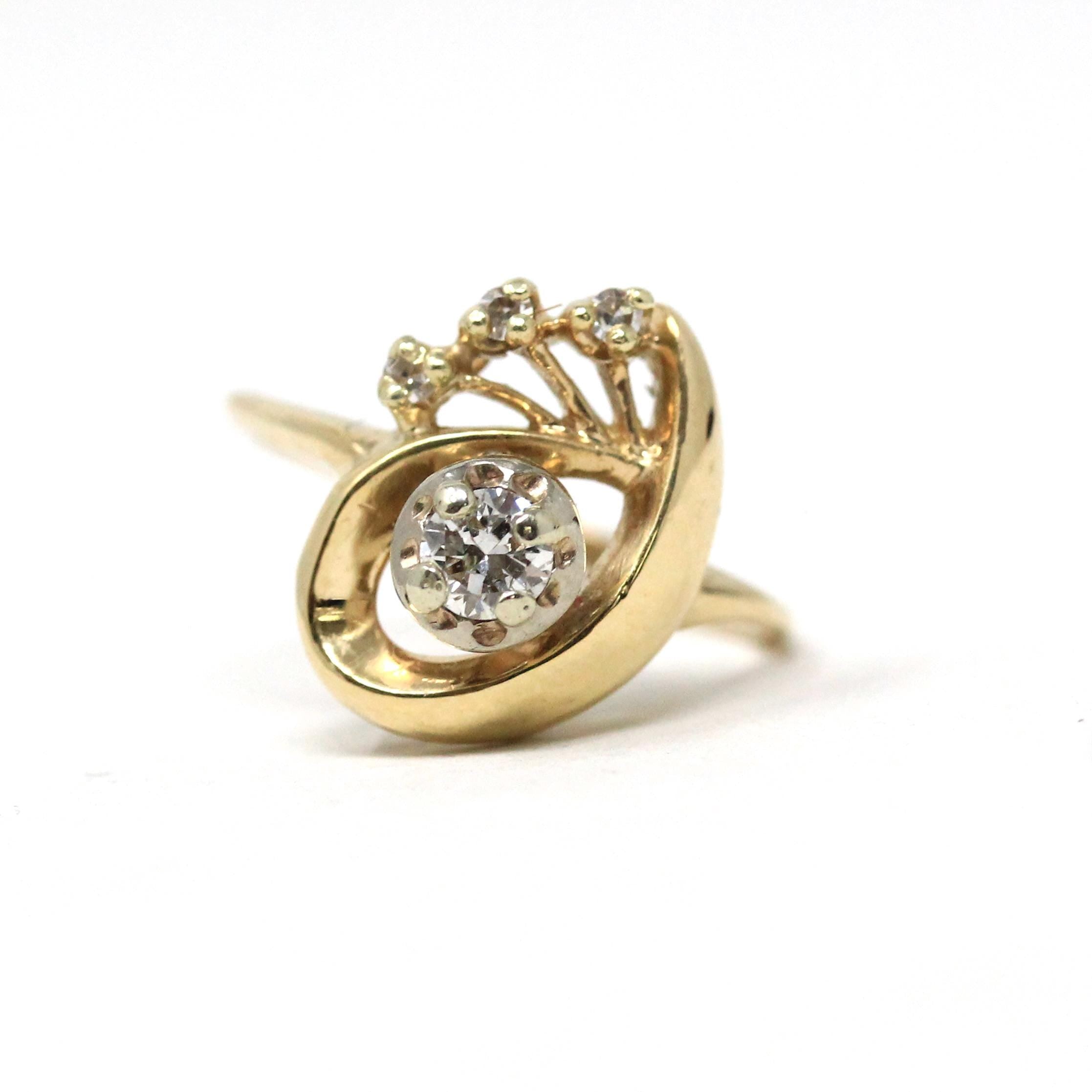 Retro Diamond Ring - Vintage 14k Yellow & White Gold Round Cut Gemstones - Circa 1960s Era Size 4 Swirl Design Fine Statement 60s Jewelry