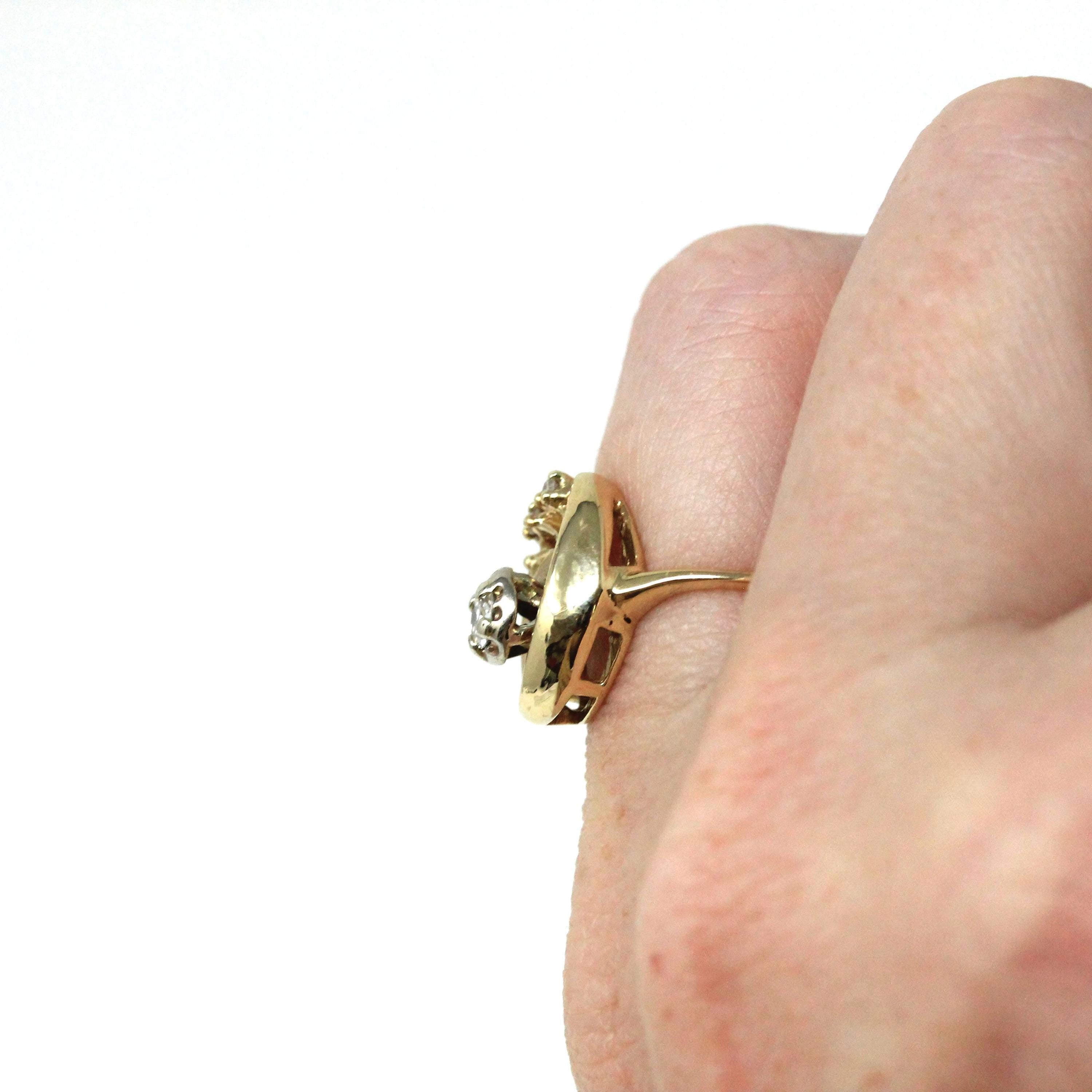 Retro Diamond Ring - Vintage 14k Yellow & White Gold Round Cut Gemstones - Circa 1960s Era Size 4 Swirl Design Fine Statement 60s Jewelry