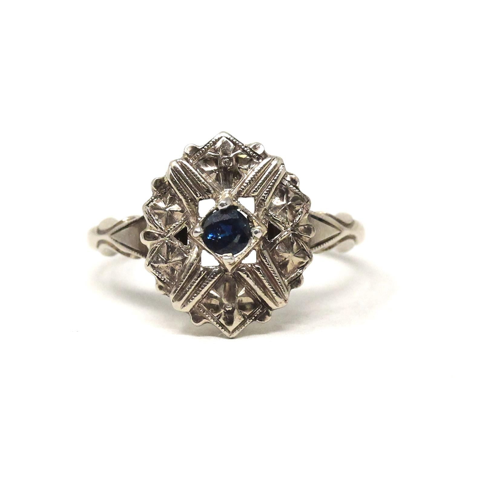 Vintage Sapphire Ring - Mid Century 14k White Gold Round Faceted Dark Blue Gemstone - Circa 1950s Size 7 September Birthstone Fine Jewelry