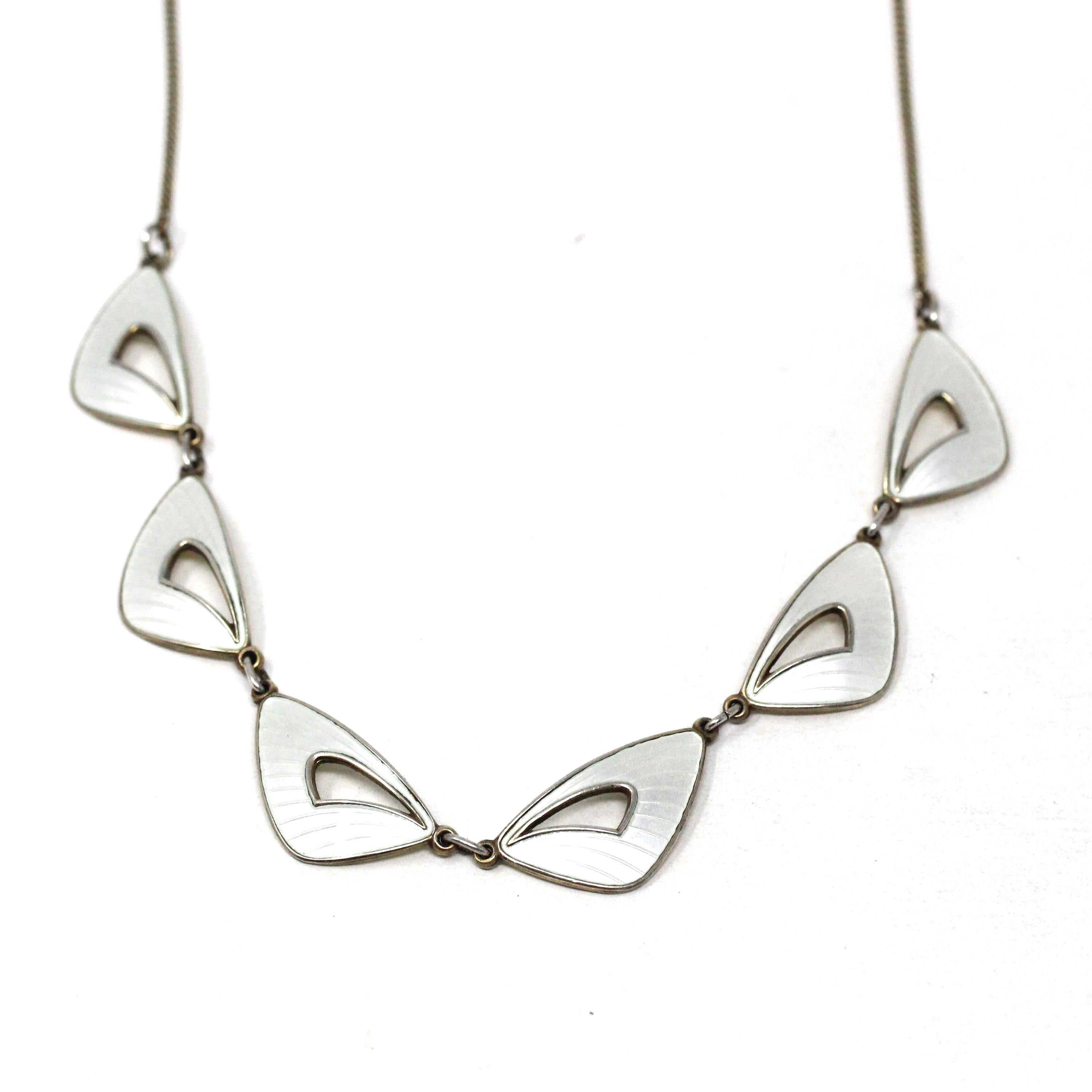 Vintage Enamel Necklace - Mid Century Sterling Silver White Enamel Wing Link Chain - Circa 1950s Era Norwegian Guilloche Fashion Jewelry