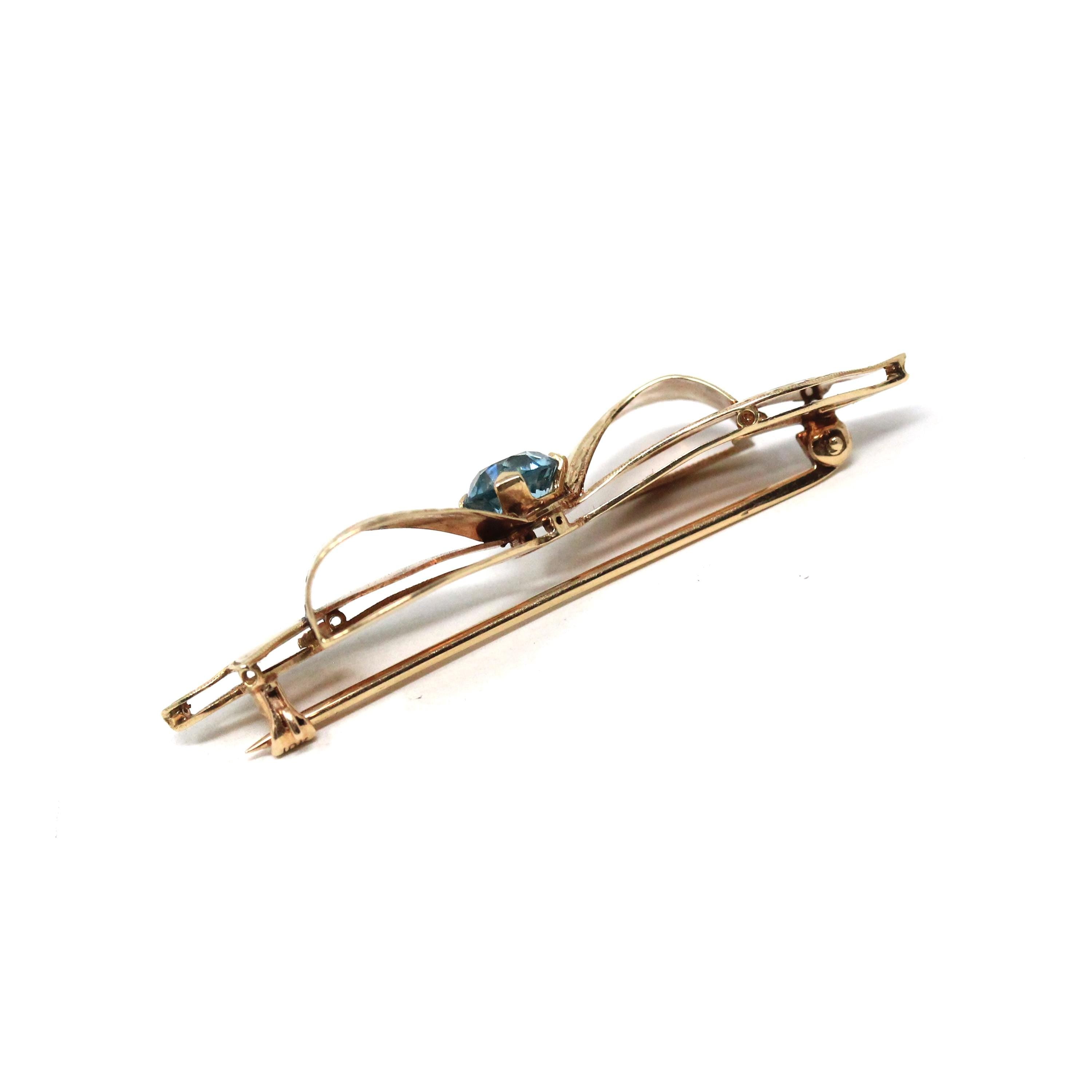 Vintage Bow Brooch - Mid Century 10k Yellow Gold Light Blue Zircon Gemstone Pin - Circa 1940s Era Figural Ribbon Fine Fashion Accessory