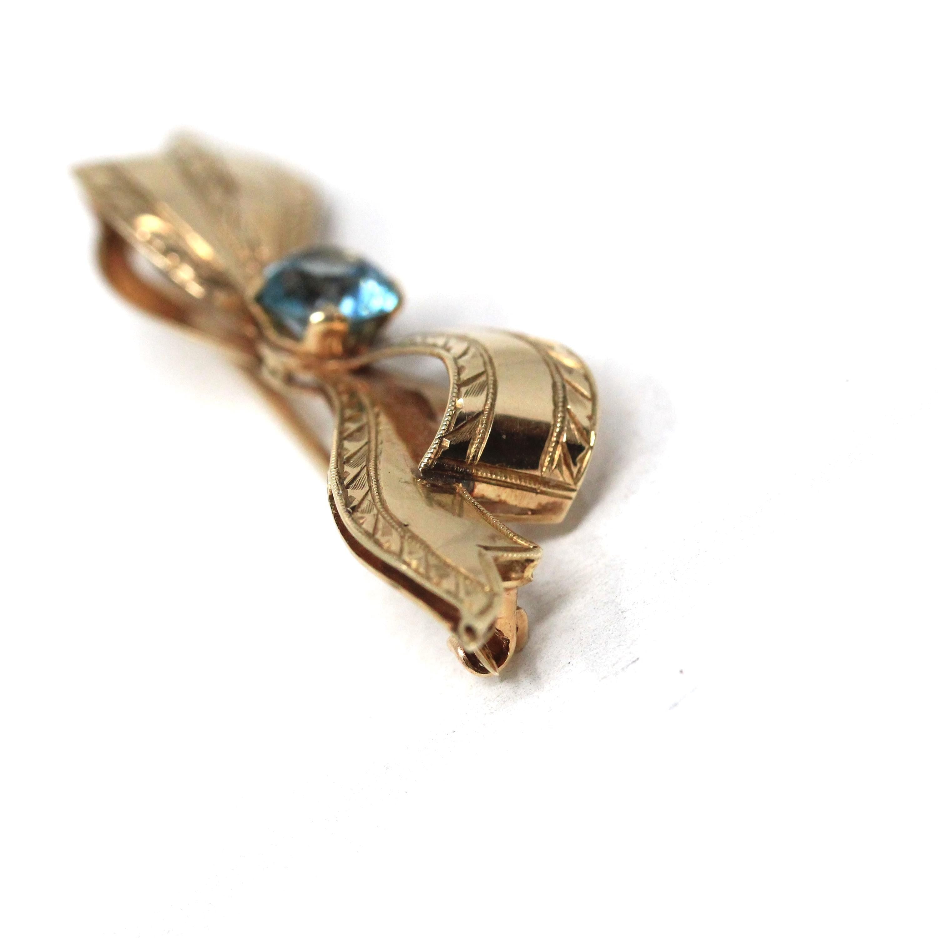 Vintage Bow Brooch - Mid Century 10k Yellow Gold Light Blue Zircon Gemstone Pin - Circa 1940s Era Figural Ribbon Fine Fashion Accessory