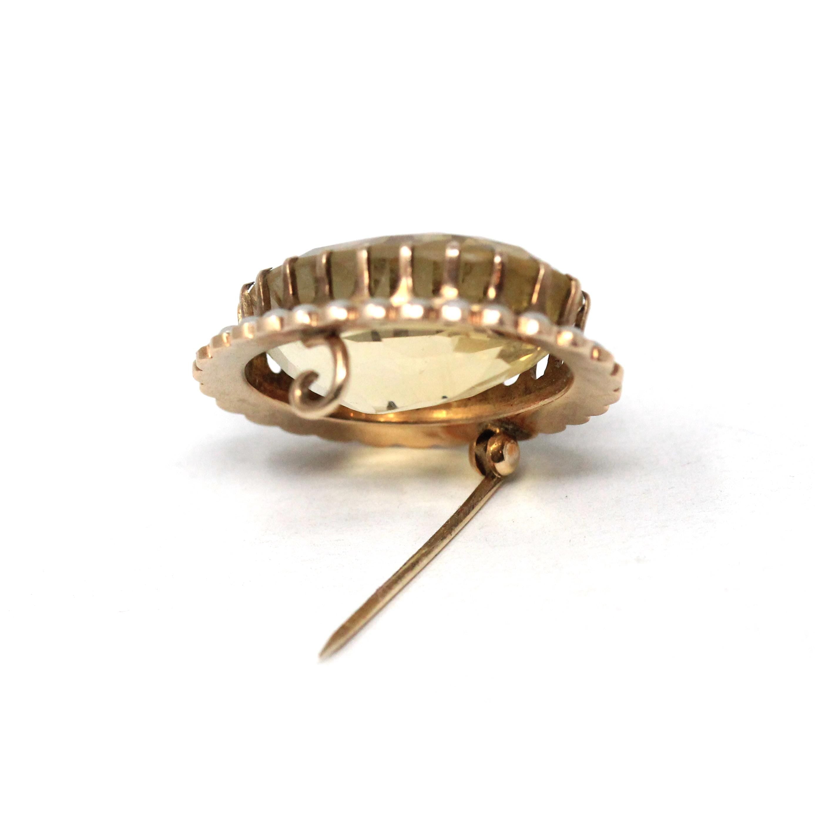 Antique Citrine Brooch - Edwardian 10k Yellow Gold Natural Yellow Quartz Gemstone Simulated Pearls Halo Pin - Vintage 1910s Era Fine Jewelry