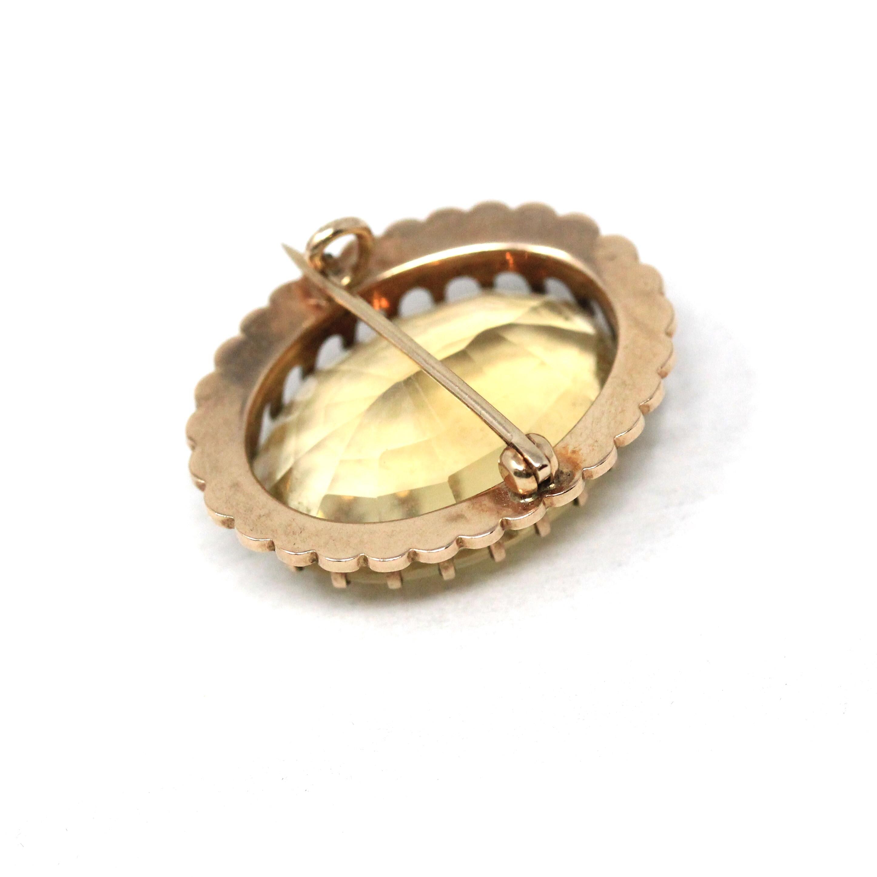Antique Citrine Brooch - Edwardian 10k Yellow Gold Natural Yellow Quartz Gemstone Simulated Pearls Halo Pin - Vintage 1910s Era Fine Jewelry