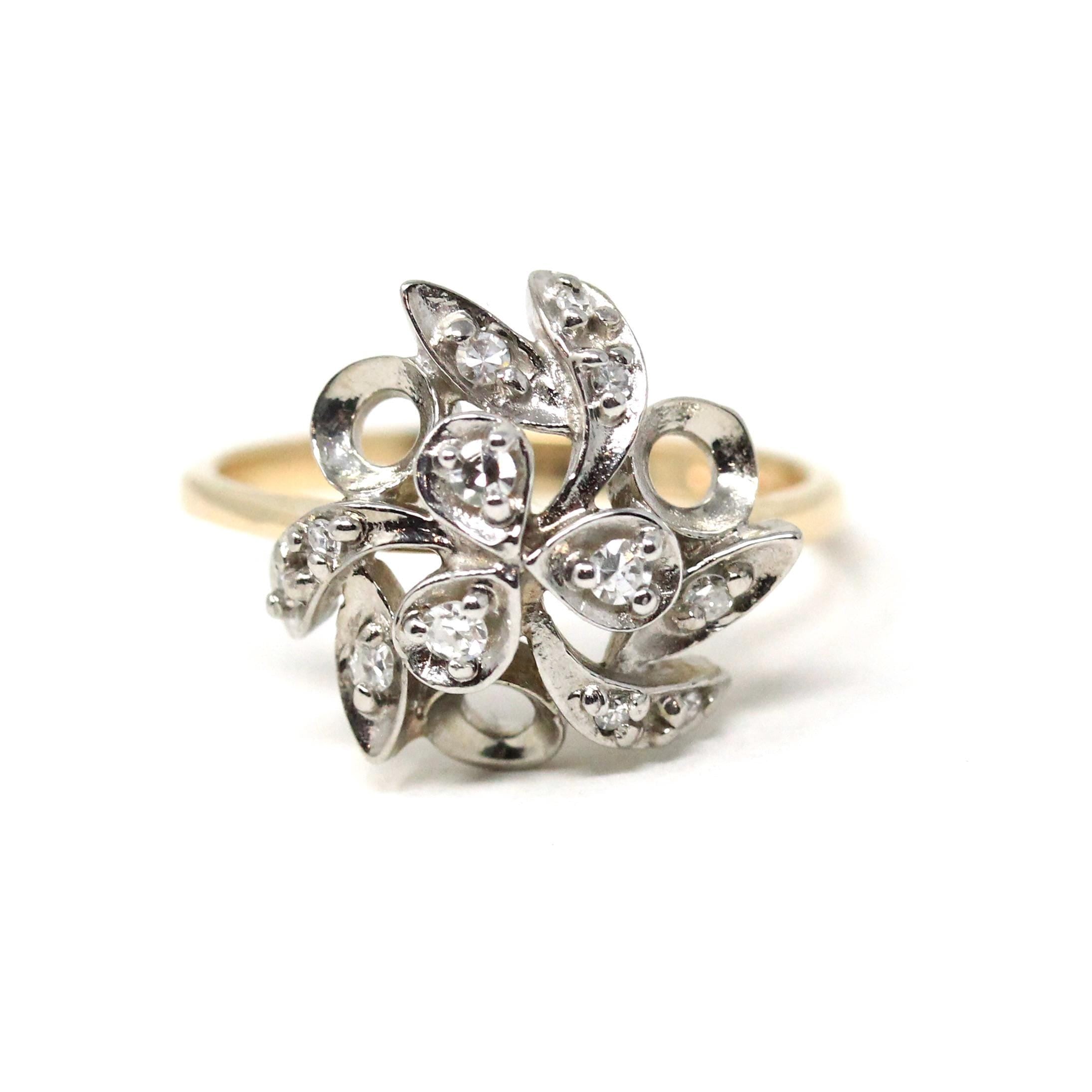 Clover Diamond Ring - Mid Century 10k Yellow & White Gold Two Tone Gemstone Spray Cluster - Circa 1950s Era Size 6.25 Fine Statement Jewelry