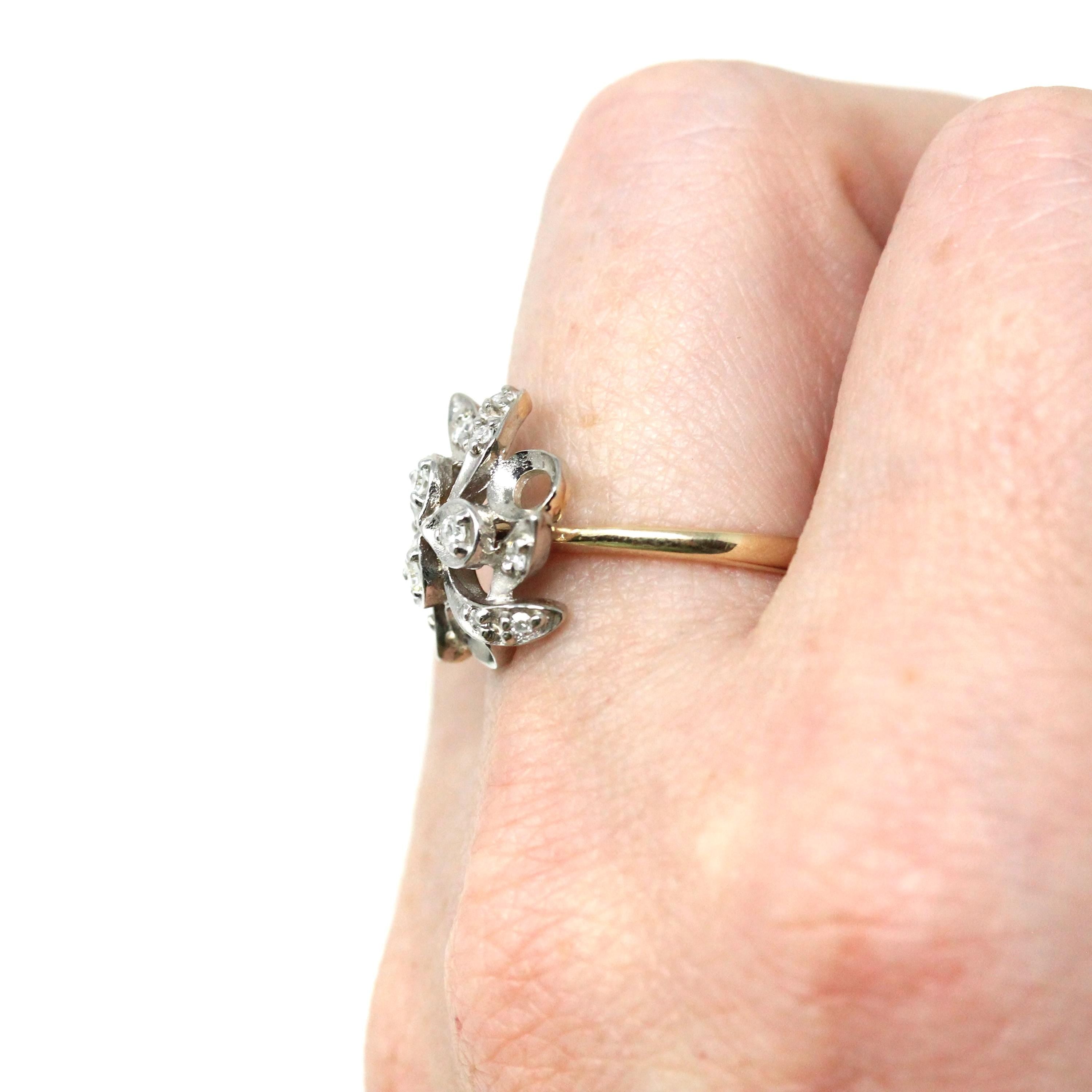 Clover Diamond Ring - Mid Century 10k Yellow & White Gold Two Tone Gemstone Spray Cluster - Circa 1950s Era Size 6.25 Fine Statement Jewelry
