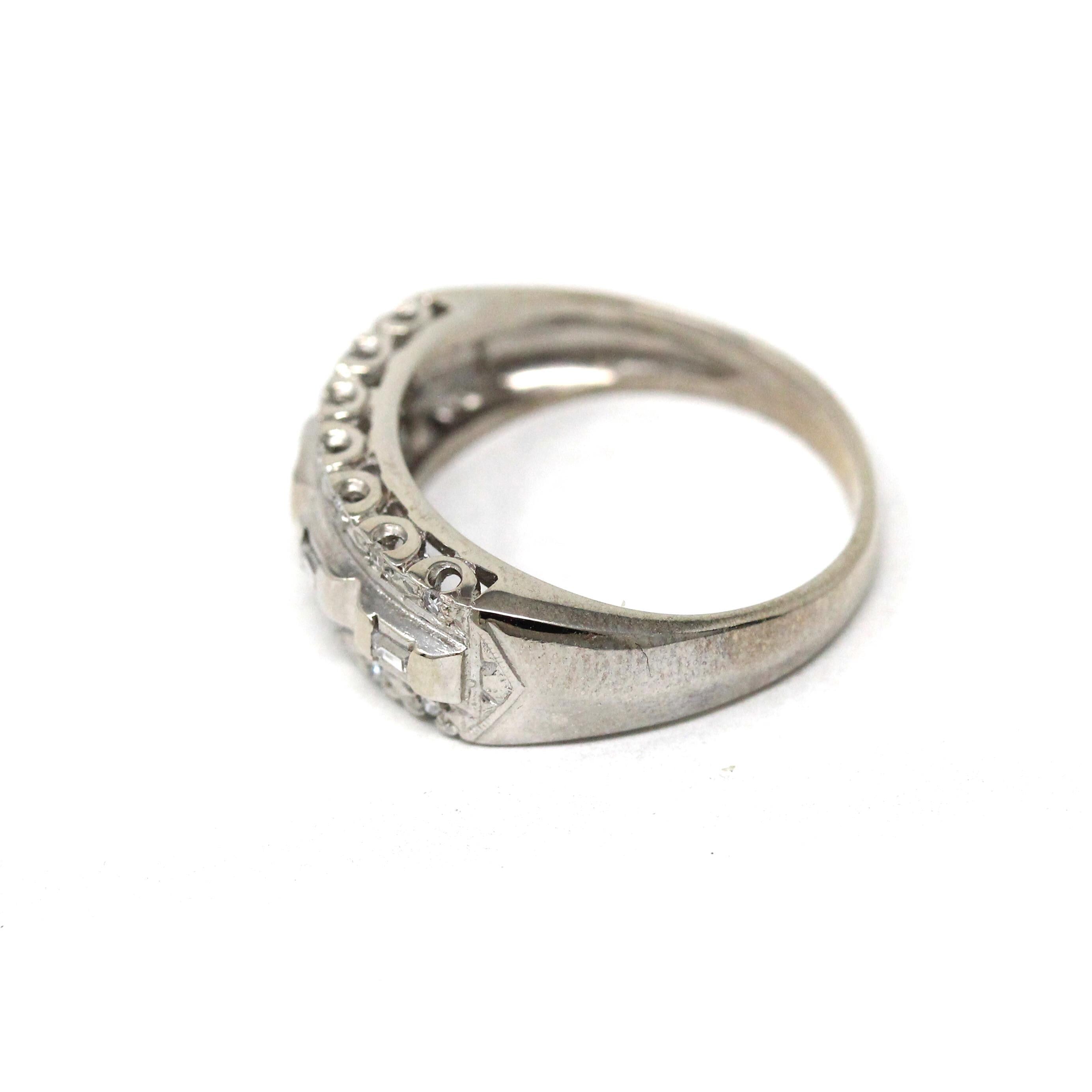 Mid Century Diamond Ring - Vintage 14k White Gold Natural Baguette Gemstones Wedding Band - Circa 1950s Size 5 1/4 Stacking Fine 50s Jewelry