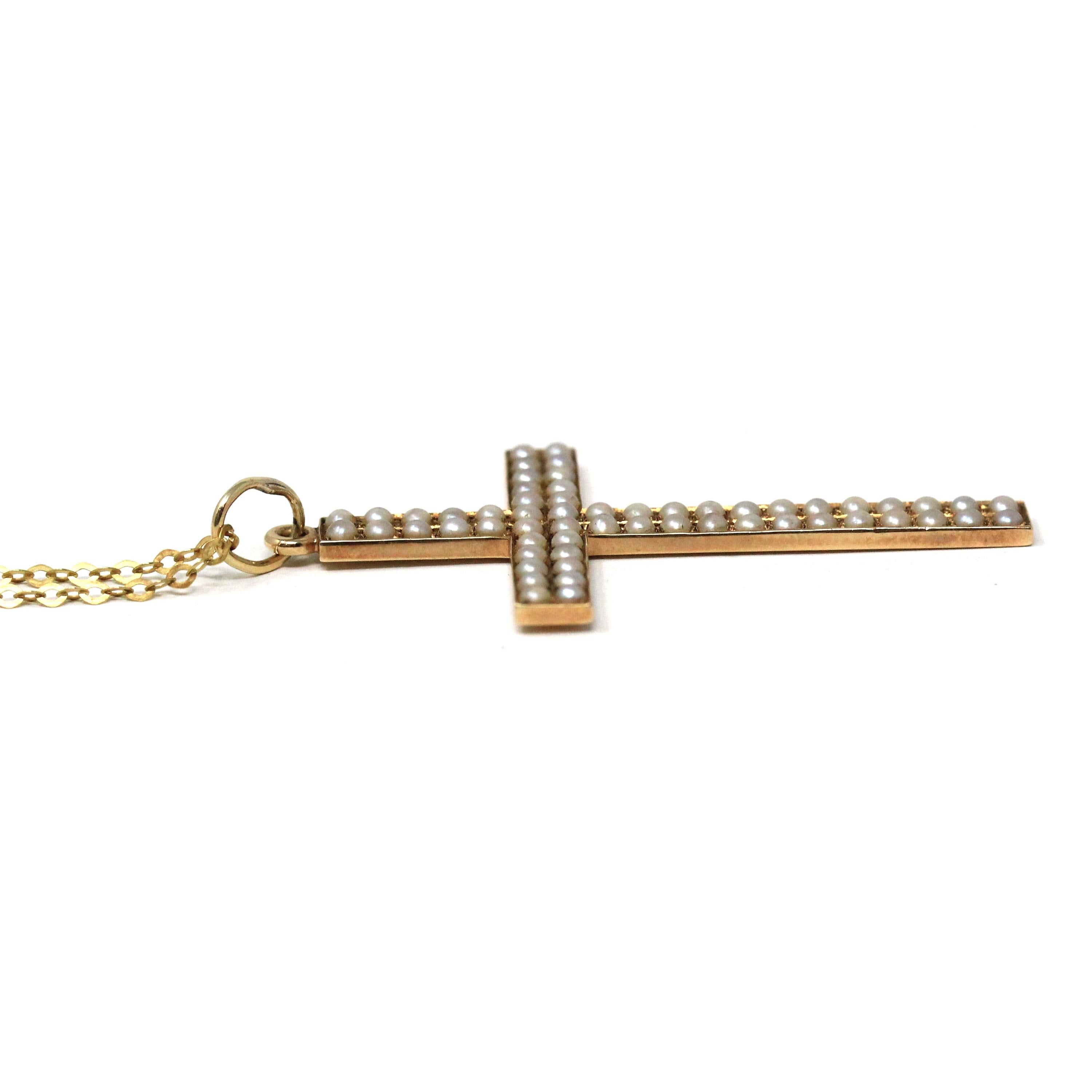 Antique Cross Pendant - Edwardian 14k Yellow Gold Seed Pearls Statement Charm Necklace - Vintage Circa Early 1900s Era 2 inch Fine Jewelry