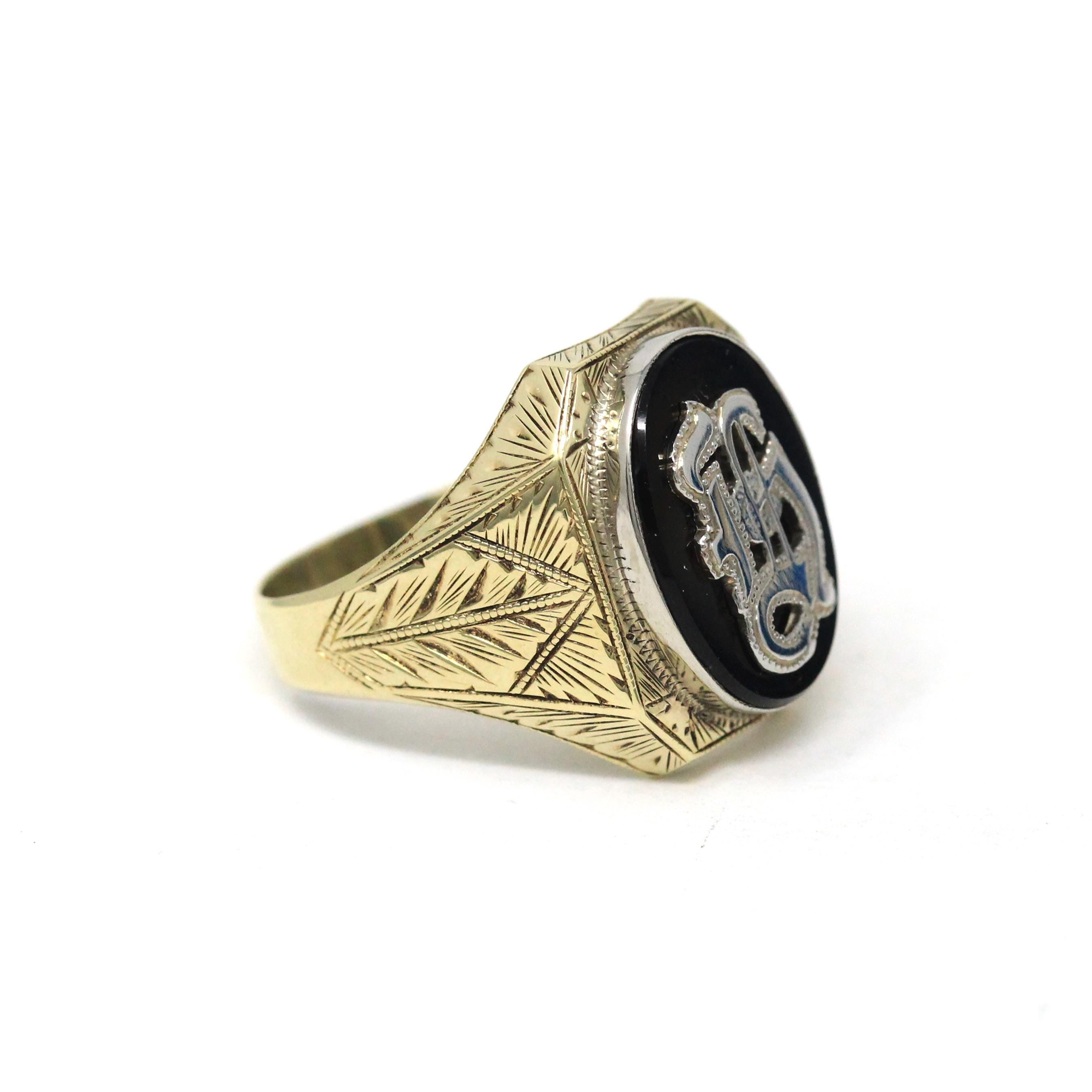 Letter "H" Ring - Art Deco 10k Yellow Gold Black Onyx Old English Initial - Vintage 1930s Signet Size 9 1/2 Statement Unisex Fine Jewelry