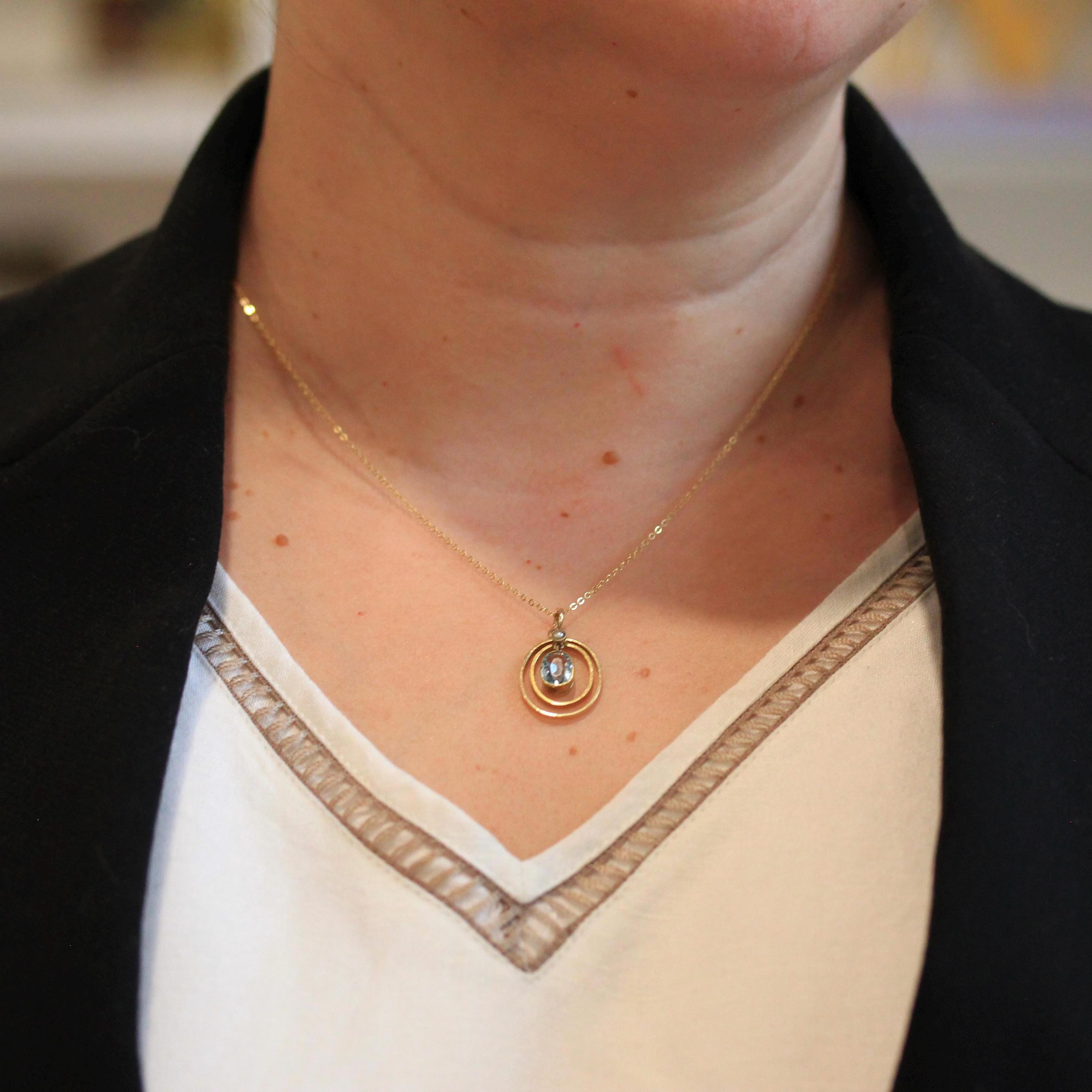 Antique Aquamarine Necklace - Edwardian 14k Yellow Gold Blue .80 CT Gem Oval Pendant - Circa 1910s Era Seed Pearl Fine Statement Jewelry