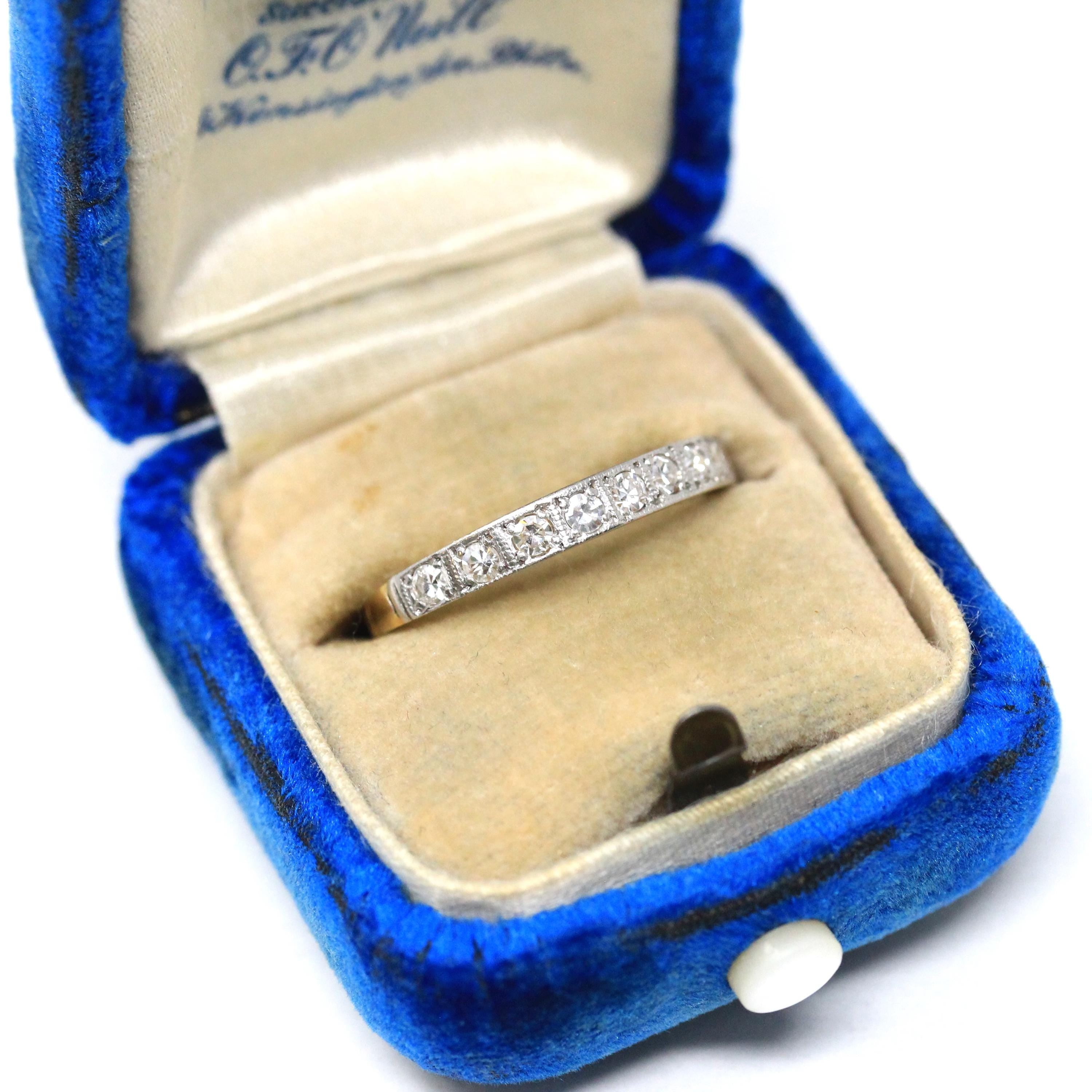 Diamond Wedding Band - Mid Century 18k Yellow Gold & Platinum Half Eternity Ring - Hallmarked 1942 Size 8 Fine Two Tone Bridal Band Jewelry