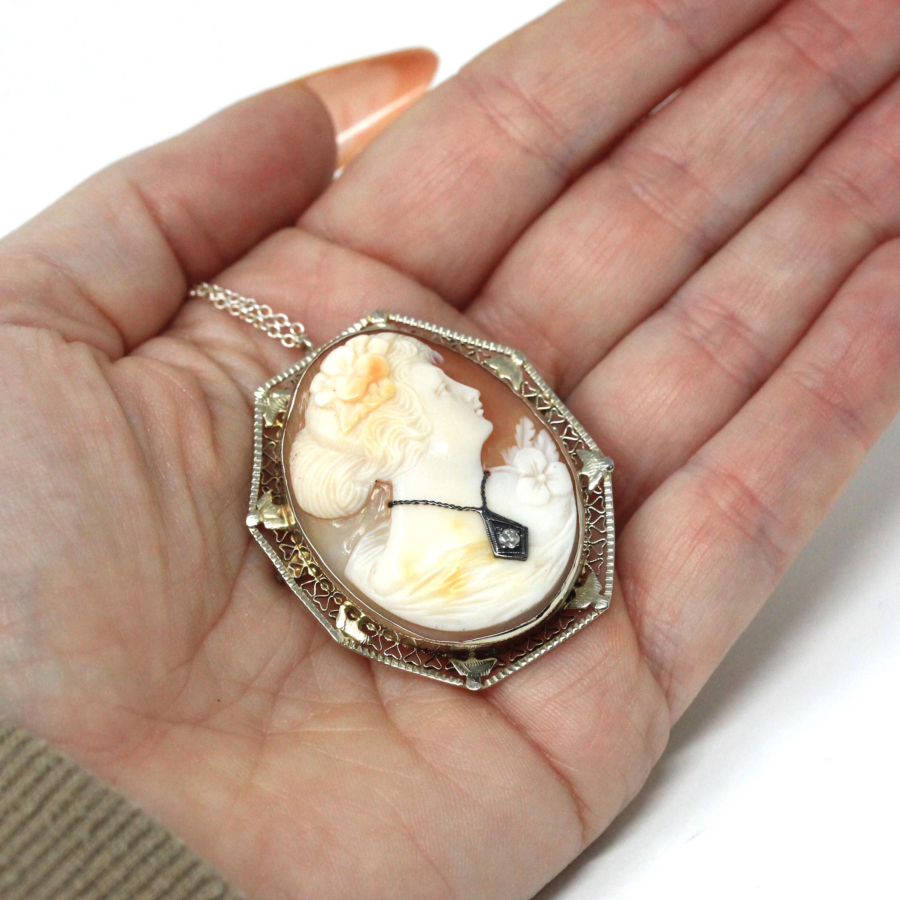Habillé Cameo Pendant - Art Deco Era 14k White Gold Natural Diamond Carved Shell Woman's Profile Necklace - Vintage Circa 1930s Fine Jewelry